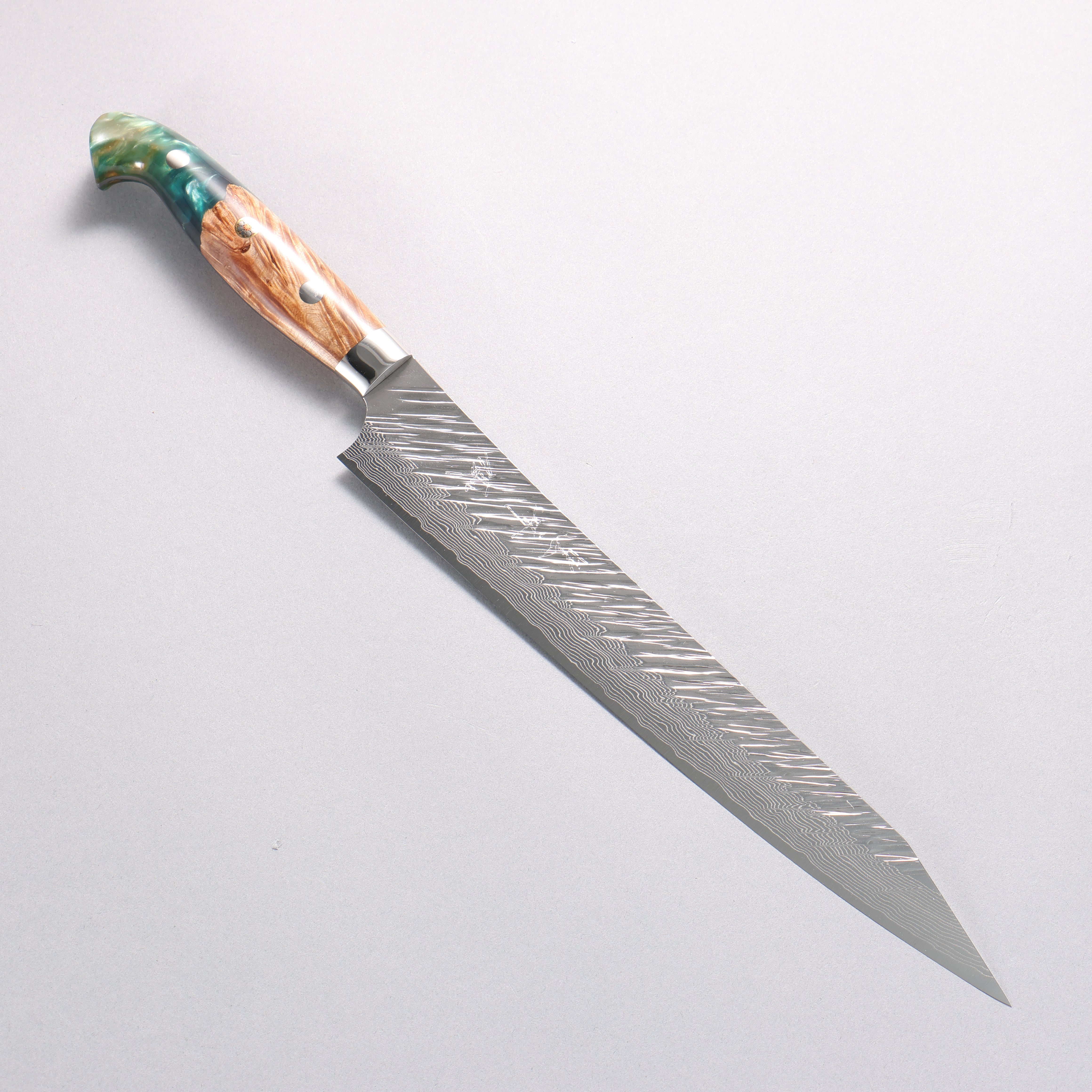 Yu Kurosaki Fujin SG2 Hammered Damascus Kiritsuke Sujihiki 240mm Green and Wood Pattern Acrylic Handle with Sheath - Seisuke Knife