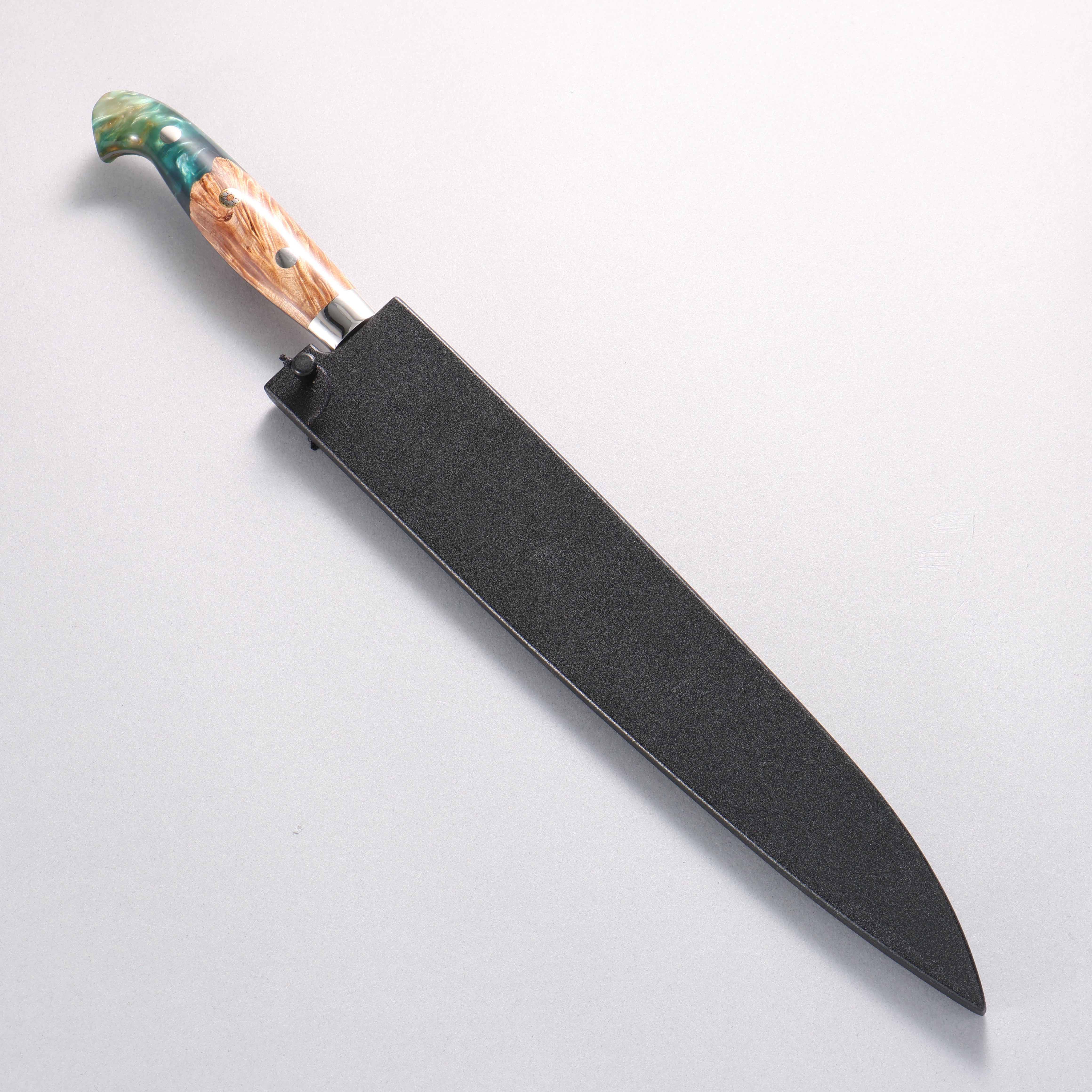 Yu Kurosaki Fujin SG2 Hammered Damascus Kiritsuke Sujihiki 240mm Green and Wood Pattern Acrylic Handle with Sheath - Seisuke Knife