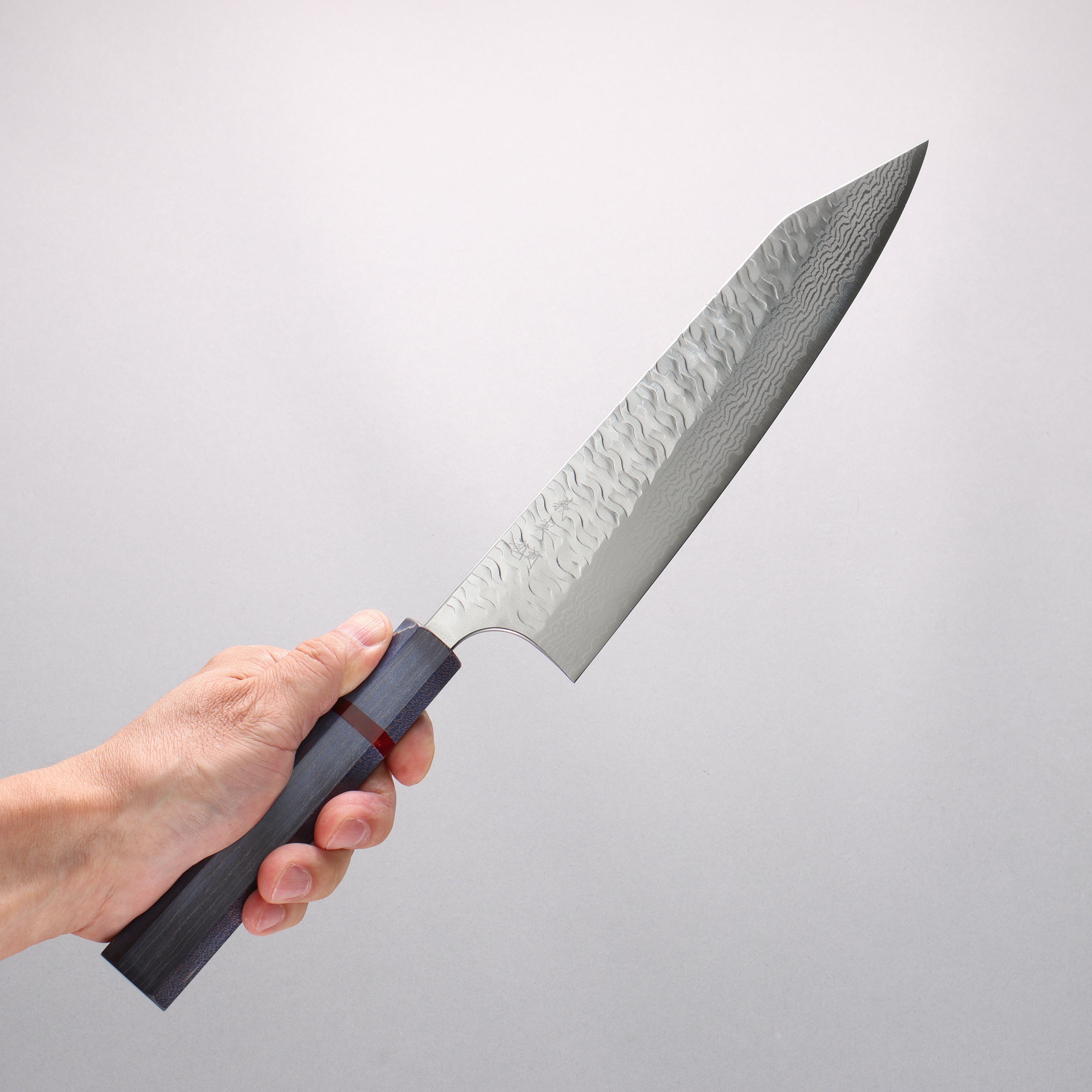 Yoshimi Kato Nami VG-XEOS Hammered Damascus Kiritsuke Gyuto 240mm Blue Stabilized Wood (With Red Ring) Handle - Seisuke Knife