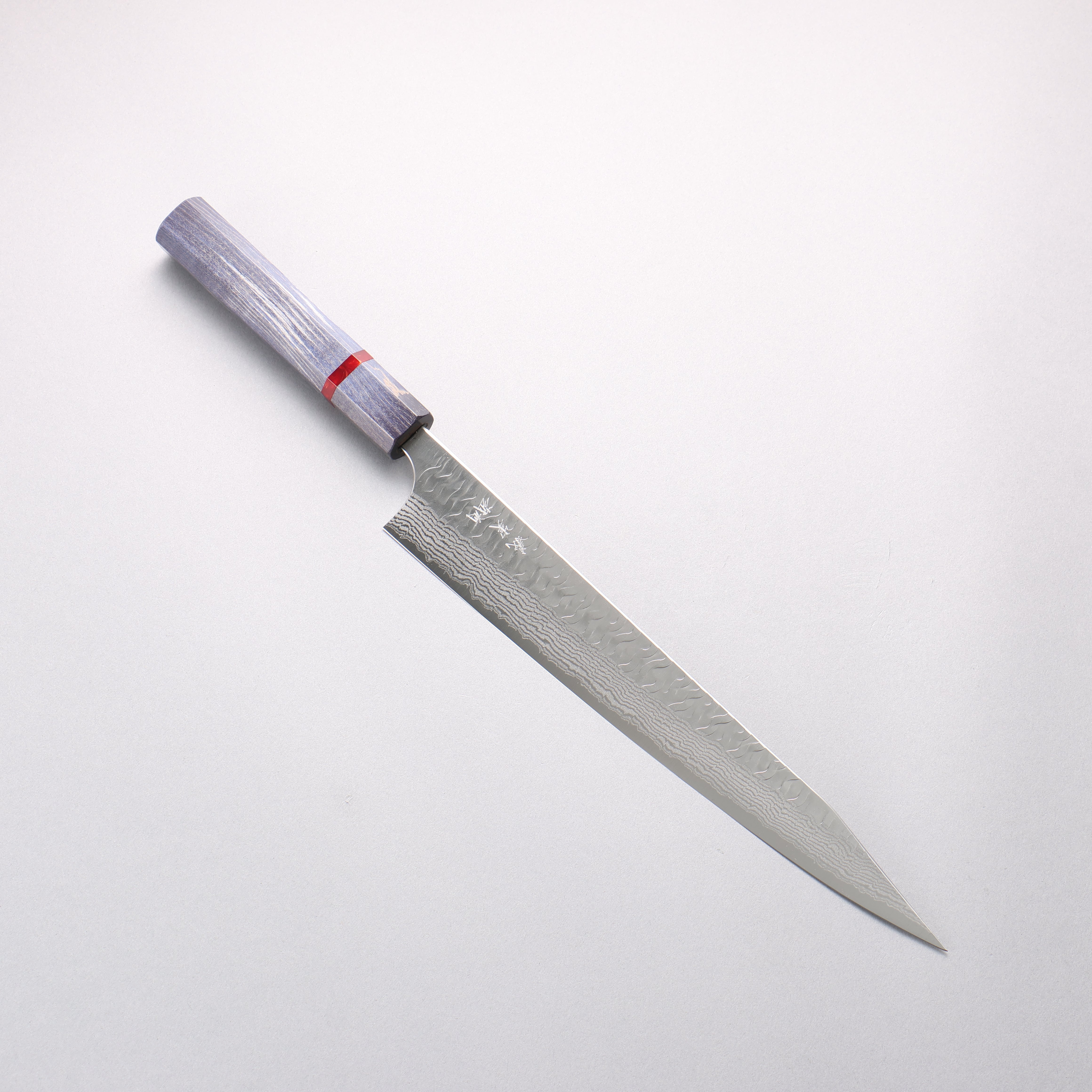 Yoshimi Kato Nami VG-XEOS Hammered Damascus Kiritsuke Sujihiki 270mm Blue Stabilized Wood (With Red Ring) Handle - Seisuke Knife