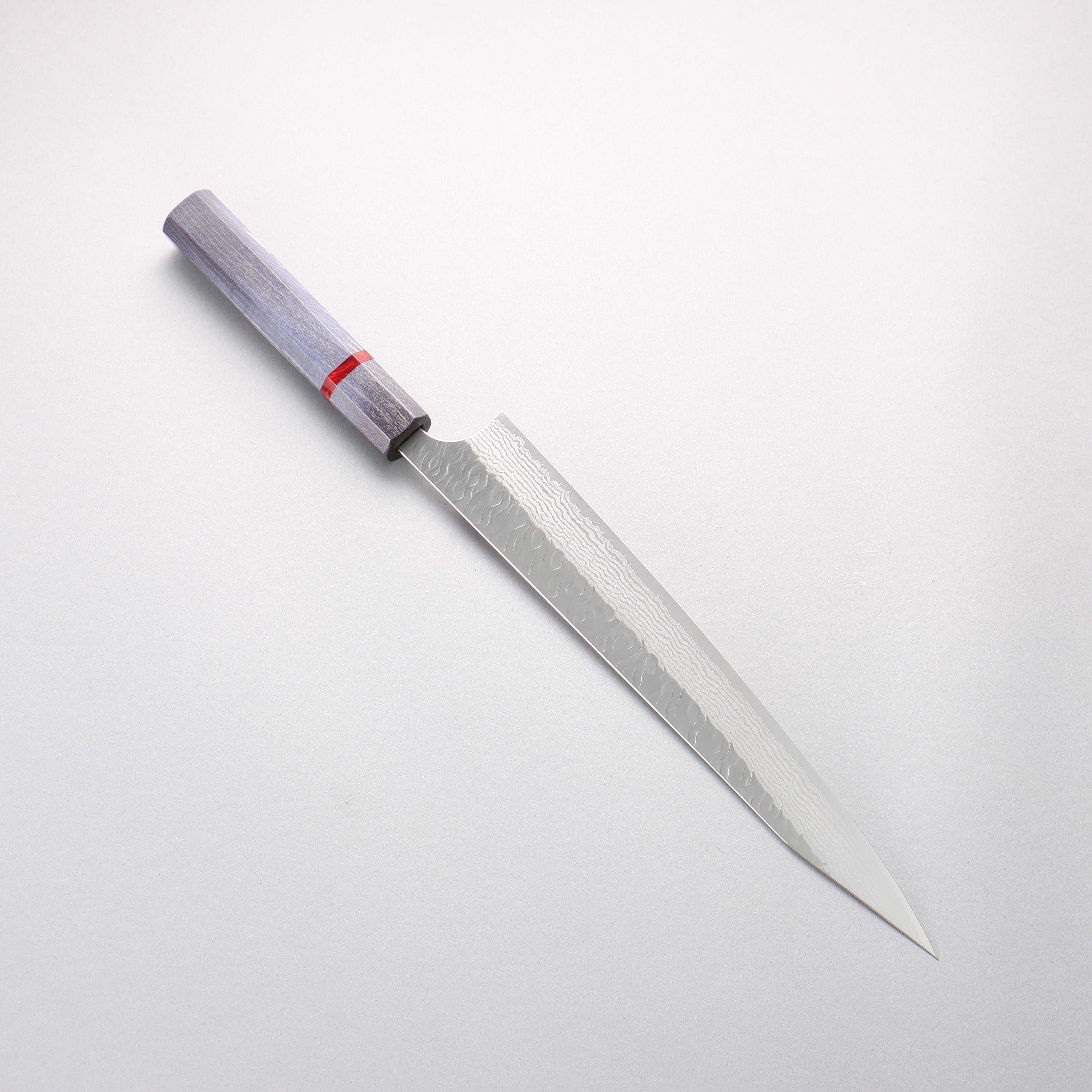 Yoshimi Kato Nami VG-XEOS Hammered Damascus Kiritsuke Sujihiki 270mm Blue Stabilized Wood (With Red Ring) Handle - Seisuke Knife