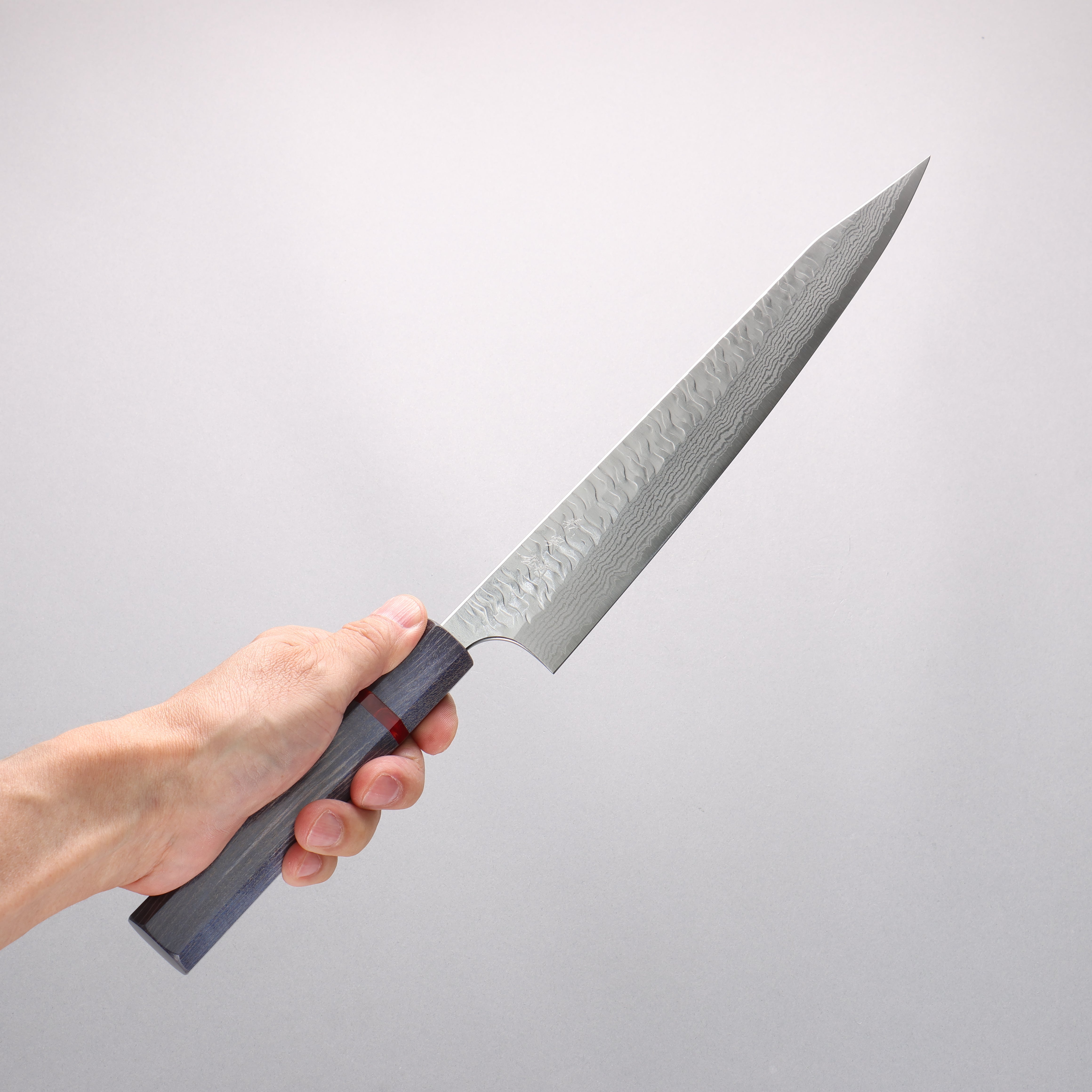 Yoshimi Kato Nami VG-XEOS Hammered Damascus Kiritsuke Sujihiki 270mm Blue Stabilized Wood (With Red Ring) Handle - Seisuke Knife