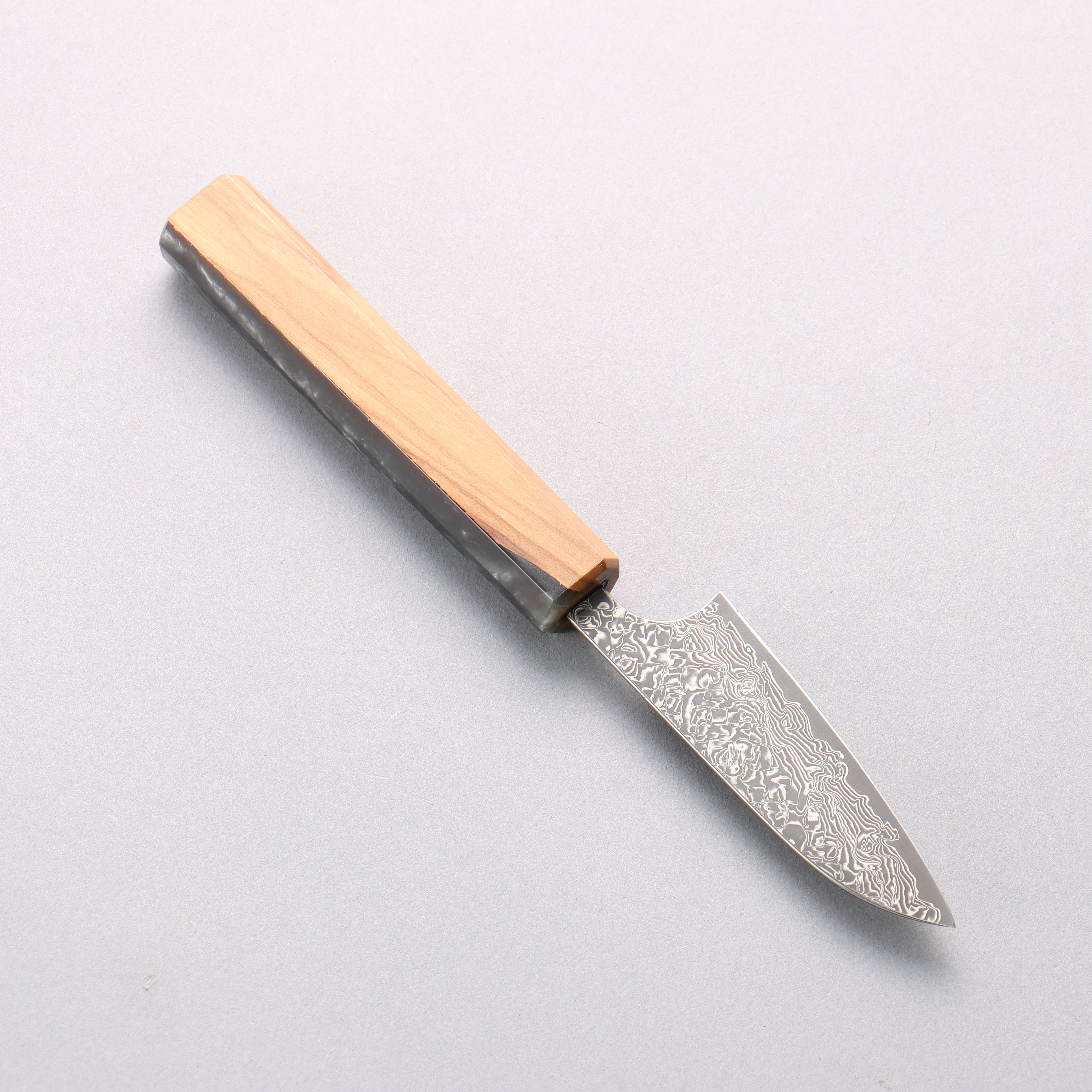Yoshimi Kato VG10 Black Damascus Petty-Utility 80mm Olive Tree and Black/White Marble Resin Handle - Seisuke Knife