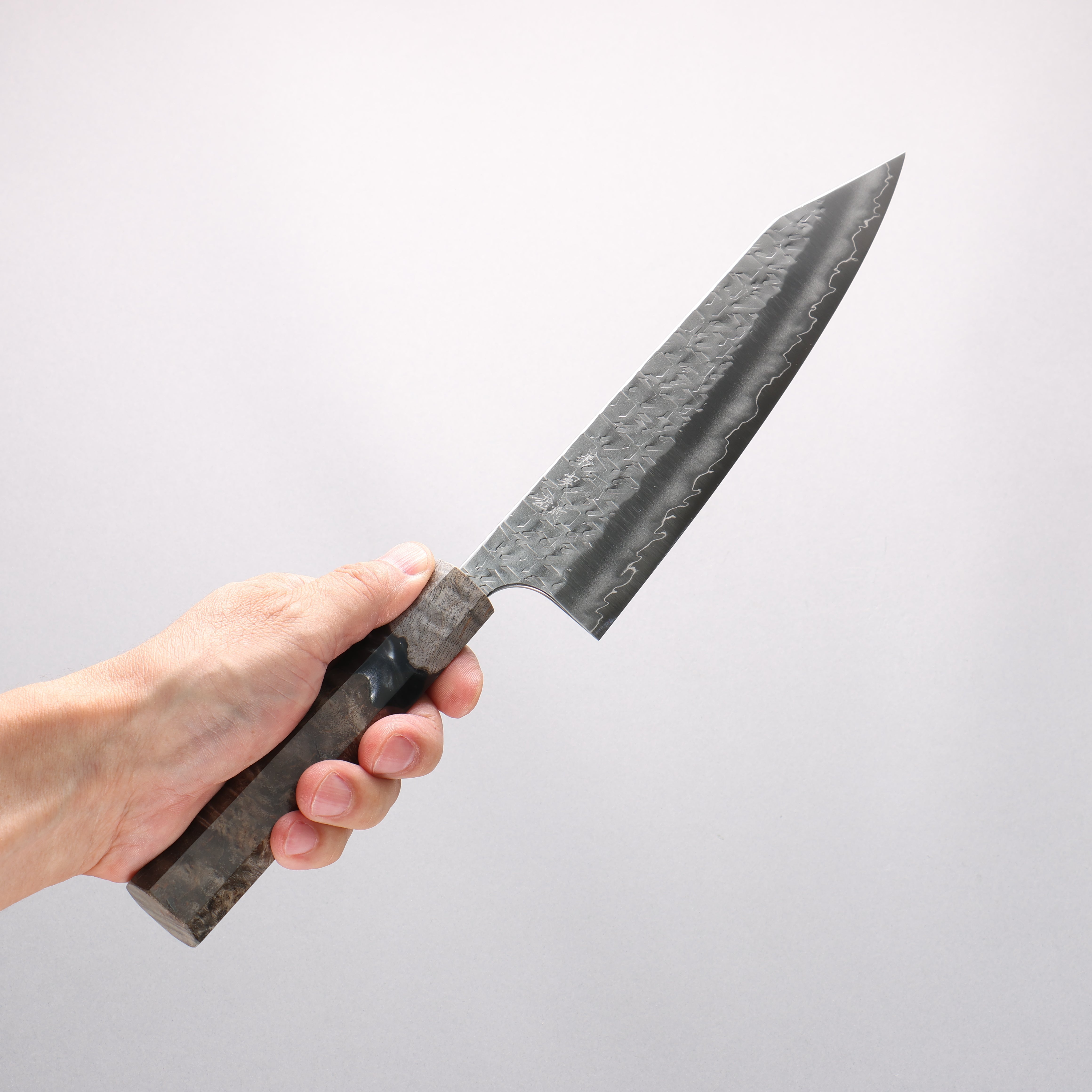 Yoshimi Kato Hyo SG2 Hammered Kiritsuke Gyuto 210mm Stabilized Birch with Black Resin Handle - Seisuke Knife