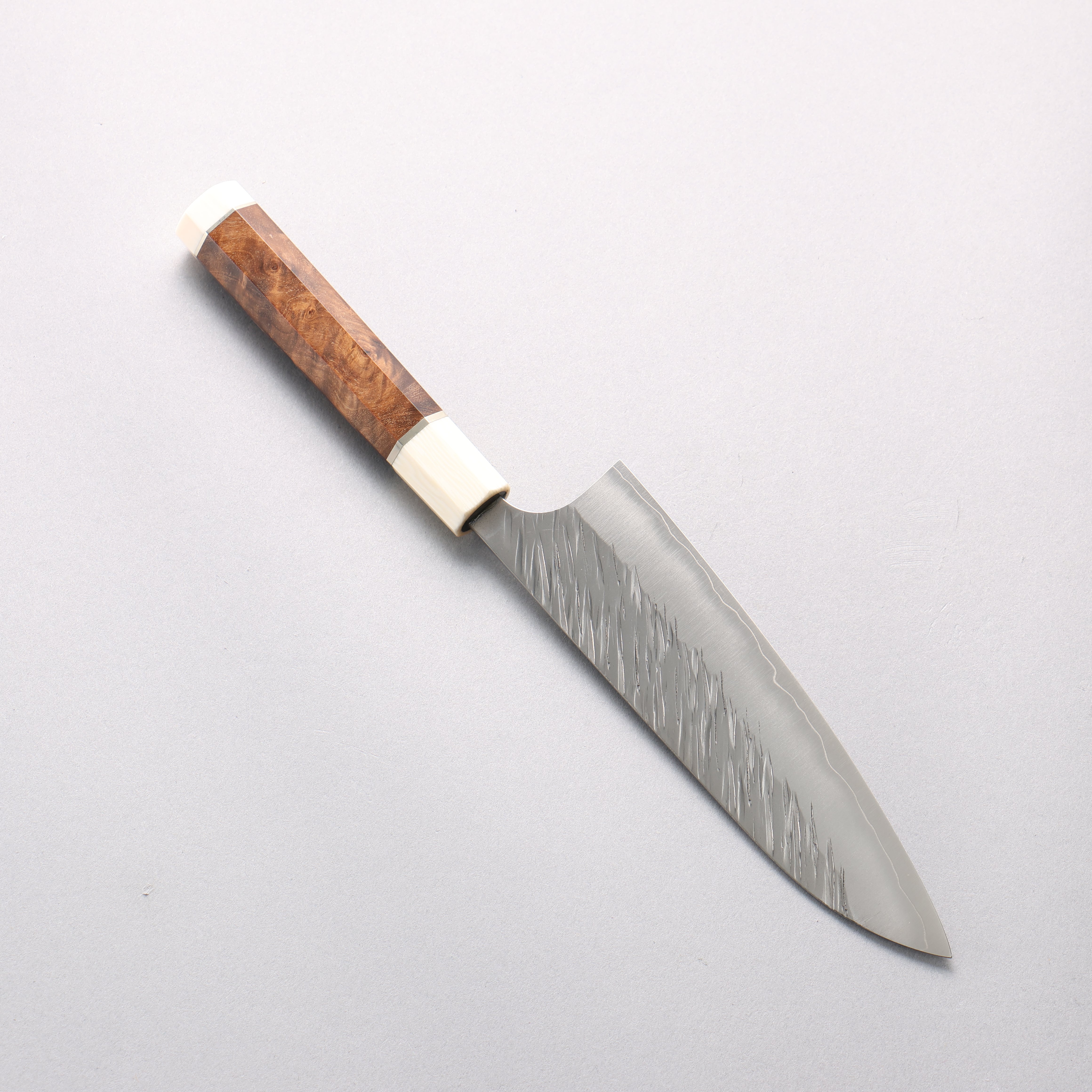 Yu Kurosaki Fujin SG2 Hammered Small Santoku 150mm Chinese Quince Burl (White Ferrule and End Cap) Handle - Seisuke Knife