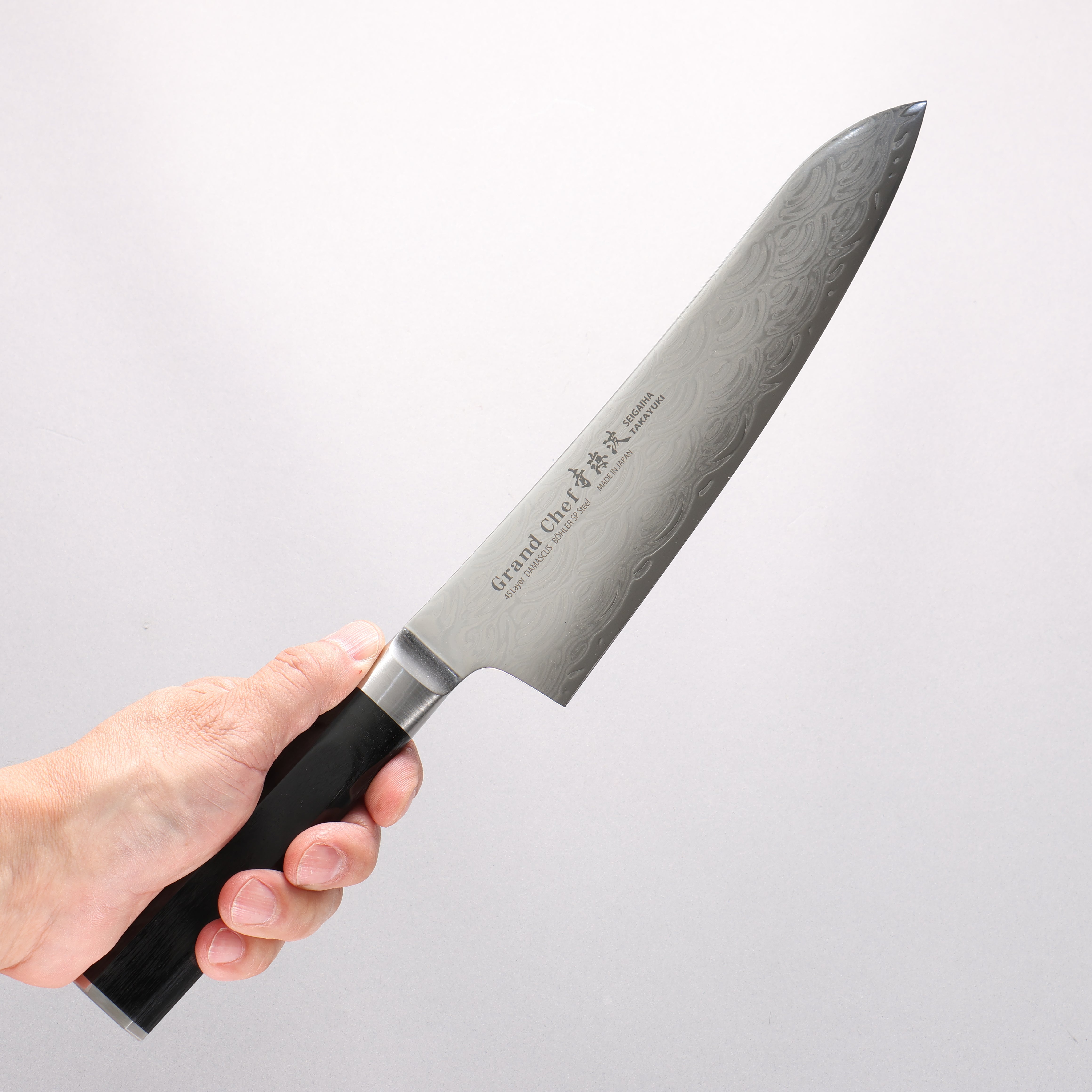 Sakai Takayuki Seigaiha (Blue Ocean Wave) Böhler SP Steel 45 Layer Damascus Migaki Finished Gyuto 210mm Black Pakka wood Handle - Seisuke Knife