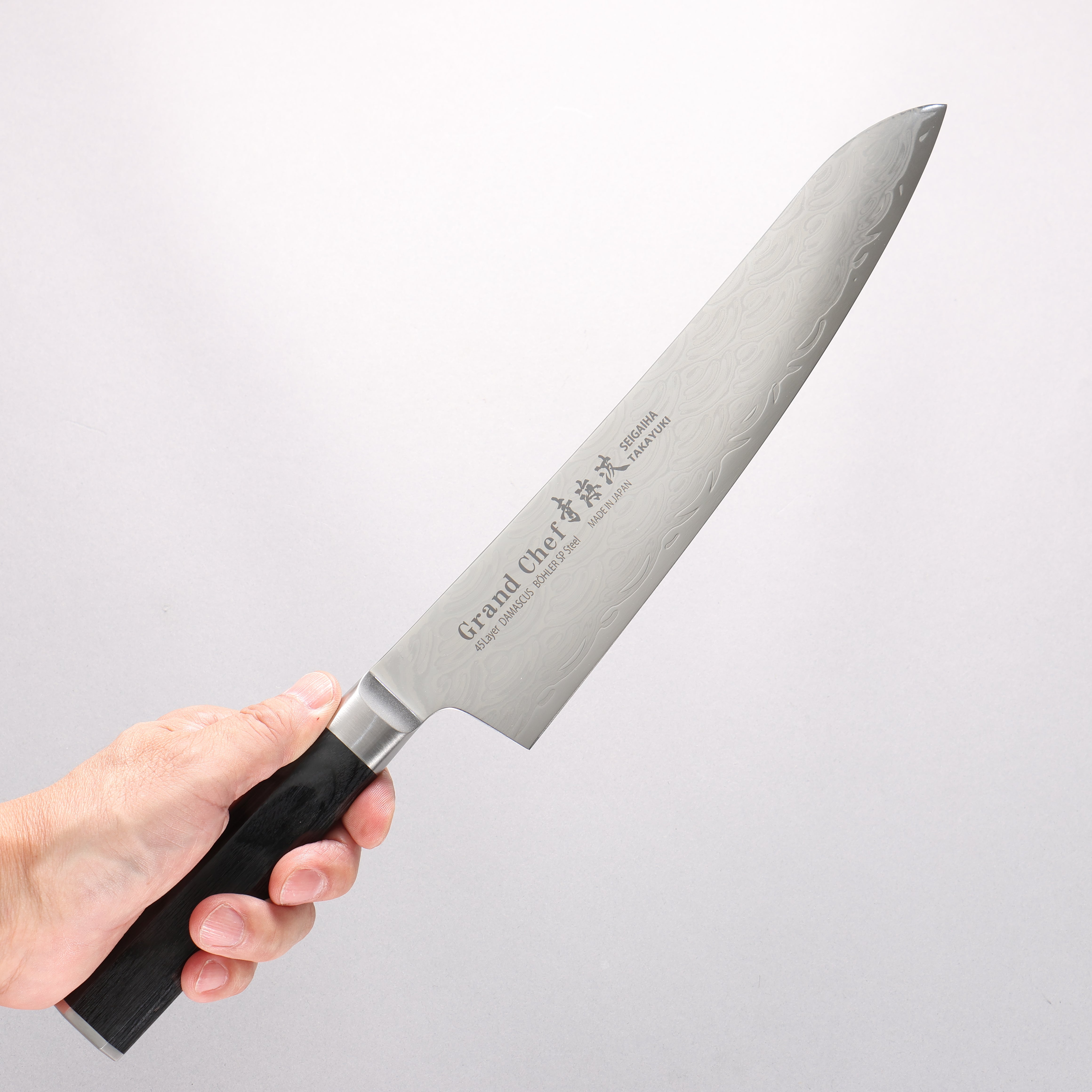 Sakai Takayuki Seigaiha (Blue Ocean Wave) Böhler SP Steel 45 Layer Damascus Migaki Finished Gyuto 240mm Black Pakka wood Handle - Seisuke Knife