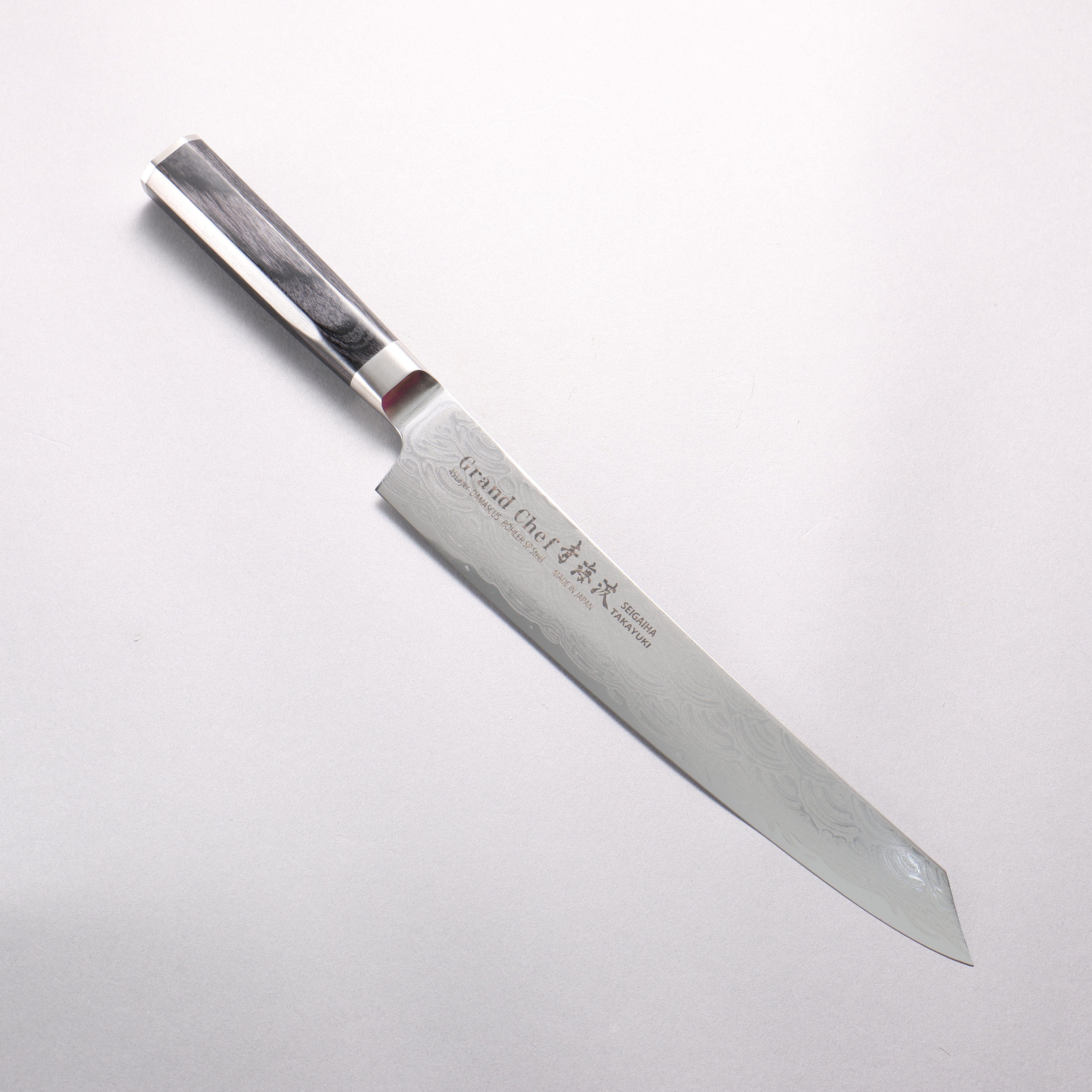 Sakai Takayuki Seigaiha (Blue Ocean Wave) Böhler SP Steel 45 Layer Damascus Migaki Finished Kengata Sujihiki 240mm Black Pakka wood Handle - Seisuke Knife
