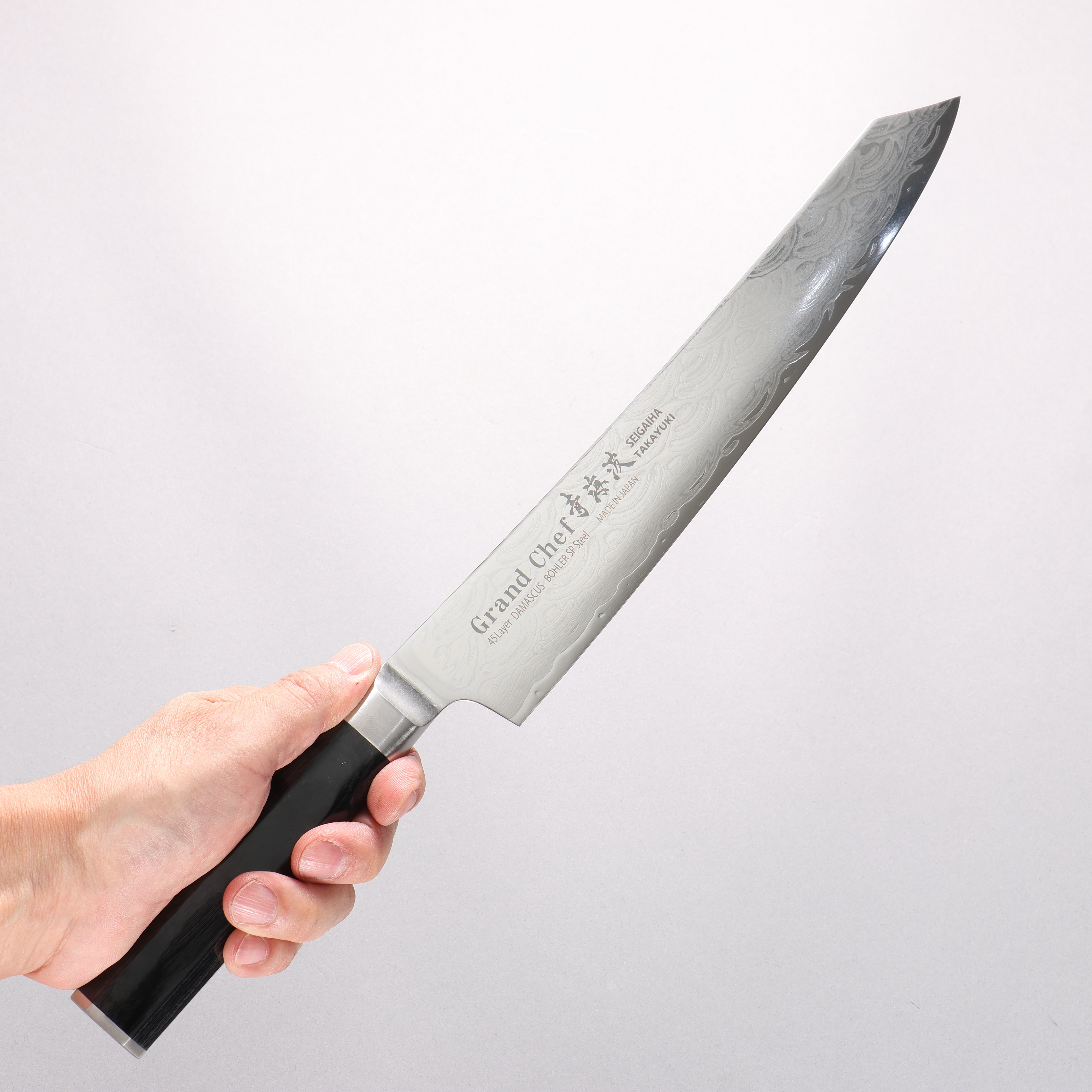 Sakai Takayuki Seigaiha (Blue Ocean Wave) Böhler SP Steel 45 Layer Damascus Migaki Finished Kengata Sujihiki 240mm Black Pakka wood Handle - Seisuke Knife