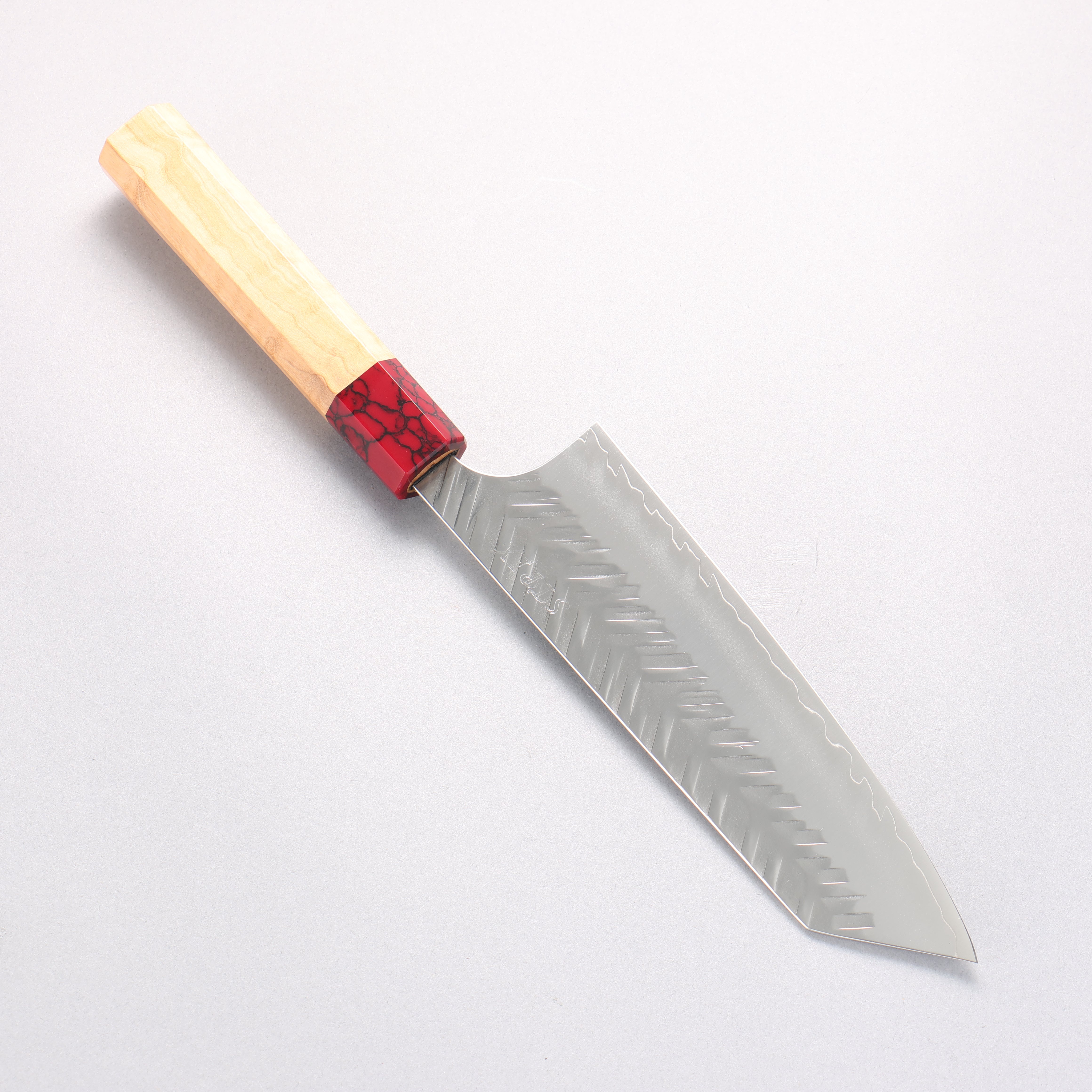 Yoshimi Kato SPG STRIX Hammered (V) Bunka 170mm Olive Tree (ferrule: Red Turquoise) Handle - Seisuke Knife