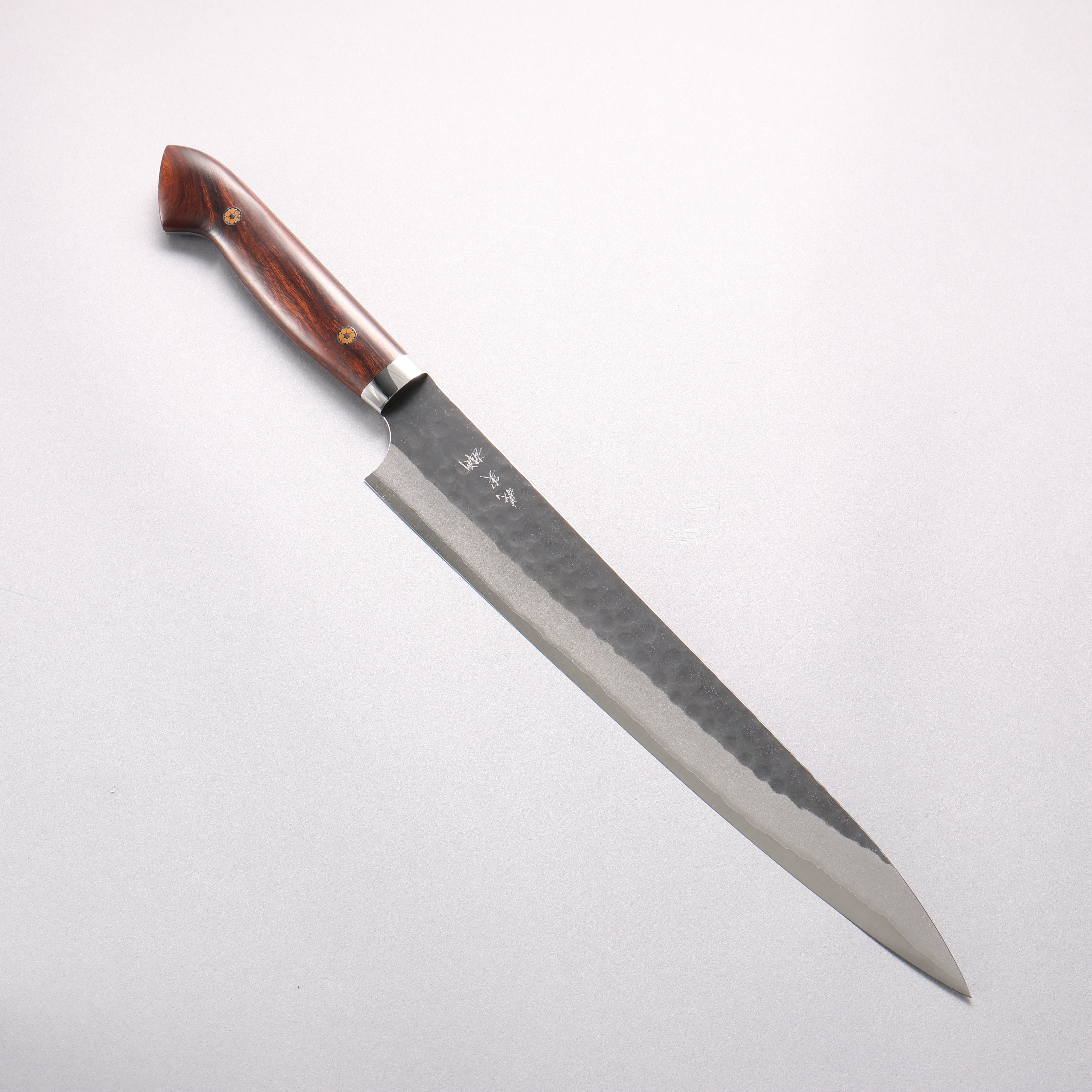 Yoshimi Kato Blue Super Hammered Black Finished Sujihiki 270mm Ironwood Handle - Seisuke Knife