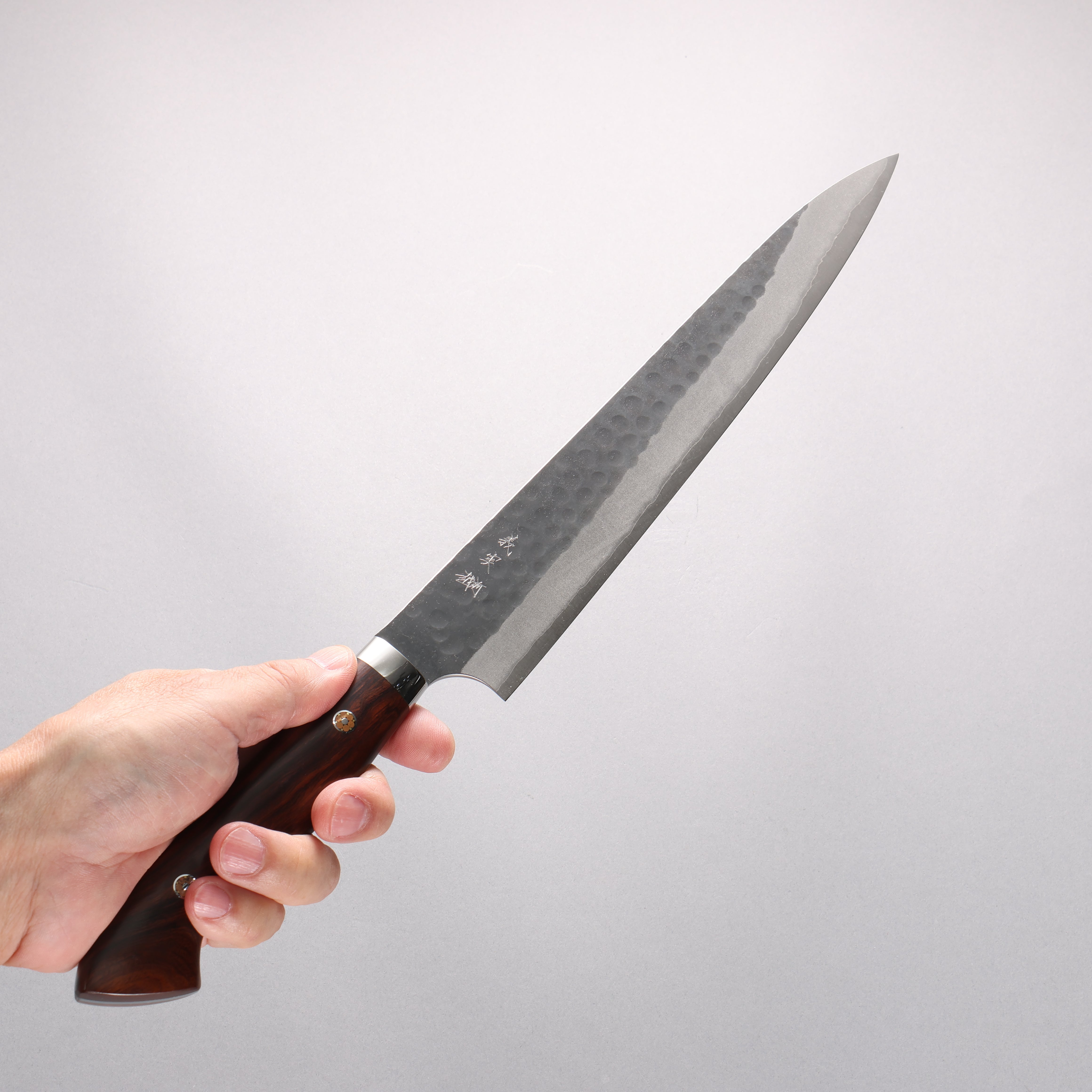 Yoshimi Kato Blue Super Hammered Black Finished Sujihiki 270mm Ironwood Handle - Seisuke Knife