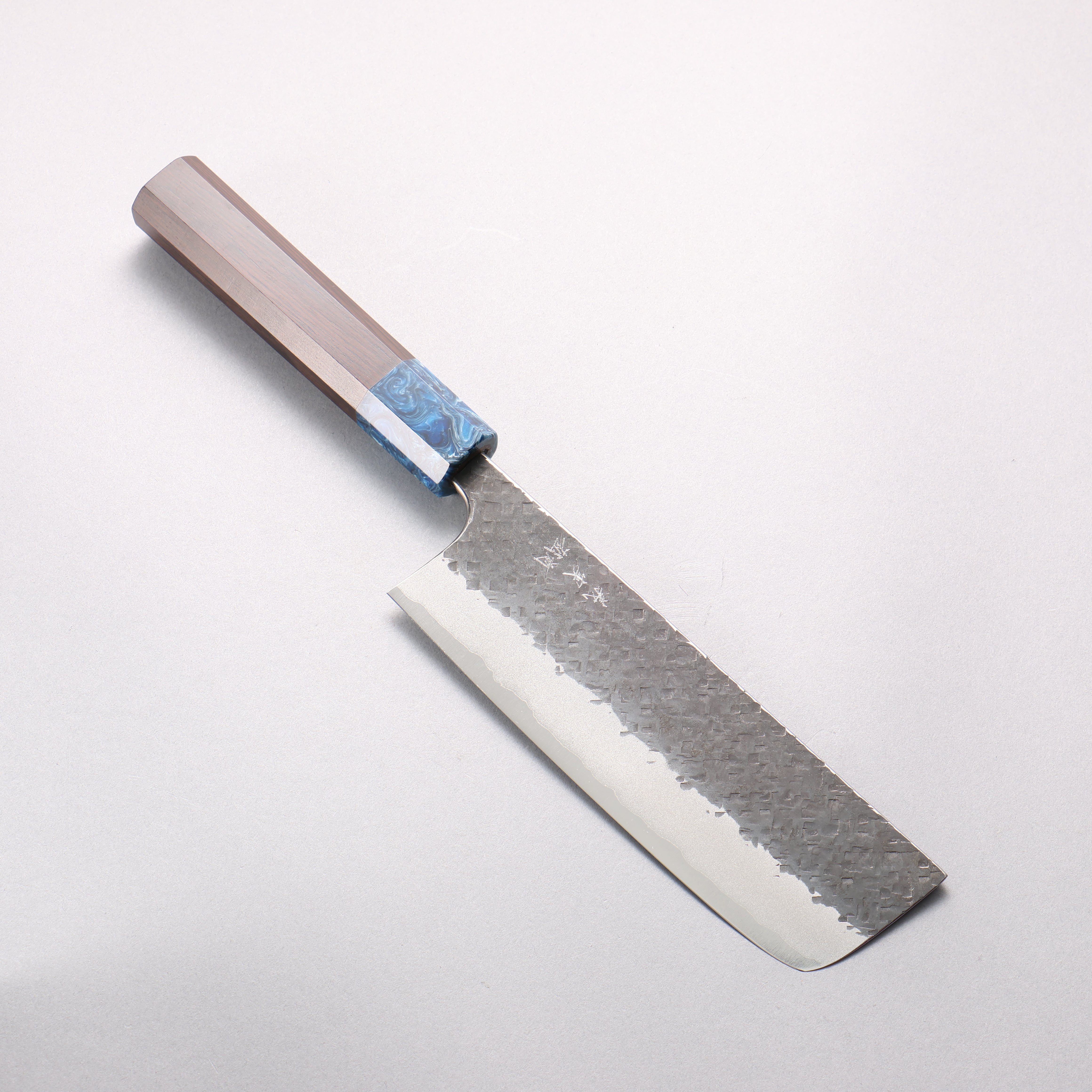 Yoshimi Kato Blue Super Kurouchi Square Hammered Nakiri 65mm Ebony Wood & Blue Marble Resin Handle - Seisuke Knife