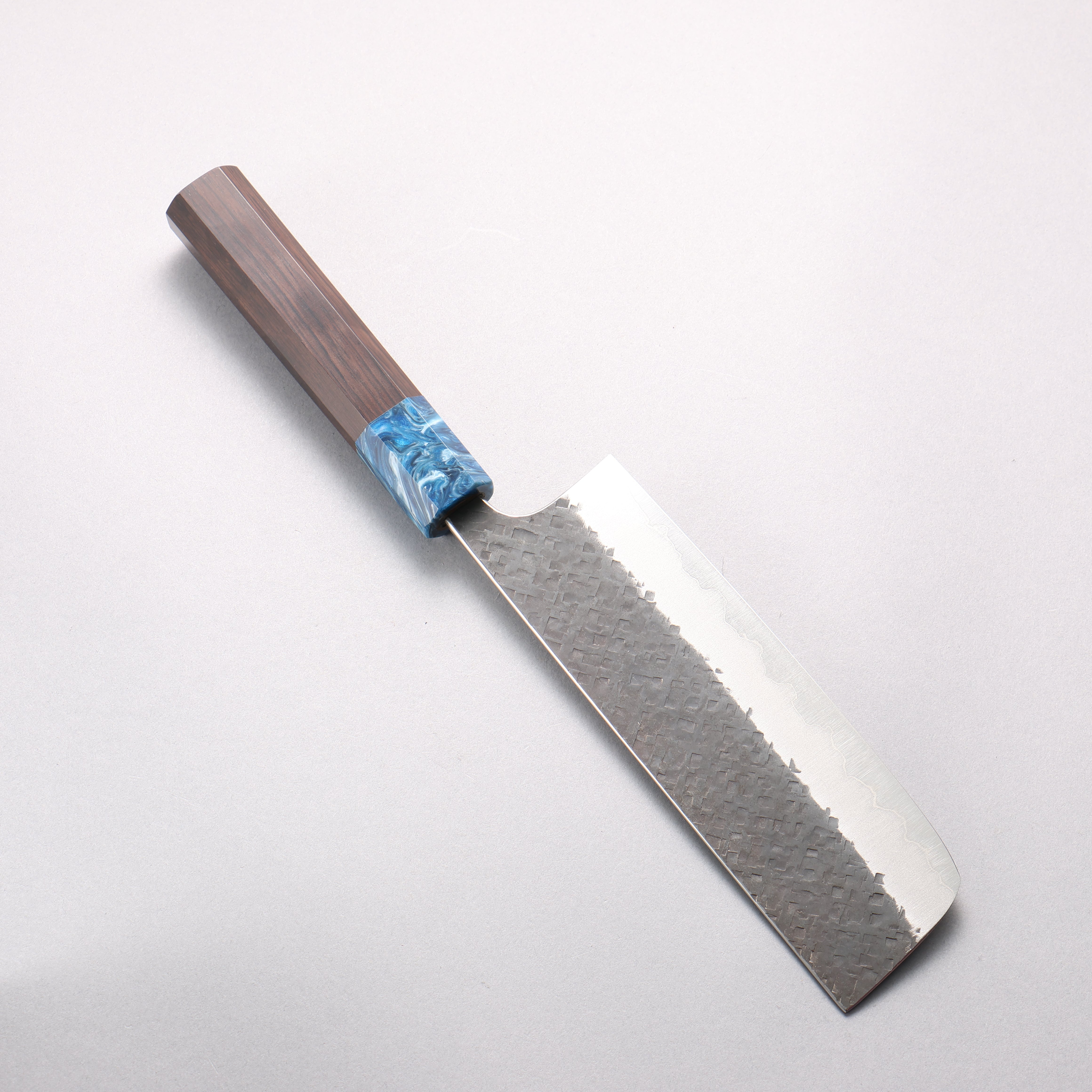Yoshimi Kato Blue Super Kurouchi Square Hammered Nakiri 65mm Ebony Wood & Blue Marble Resin Handle - Seisuke Knife