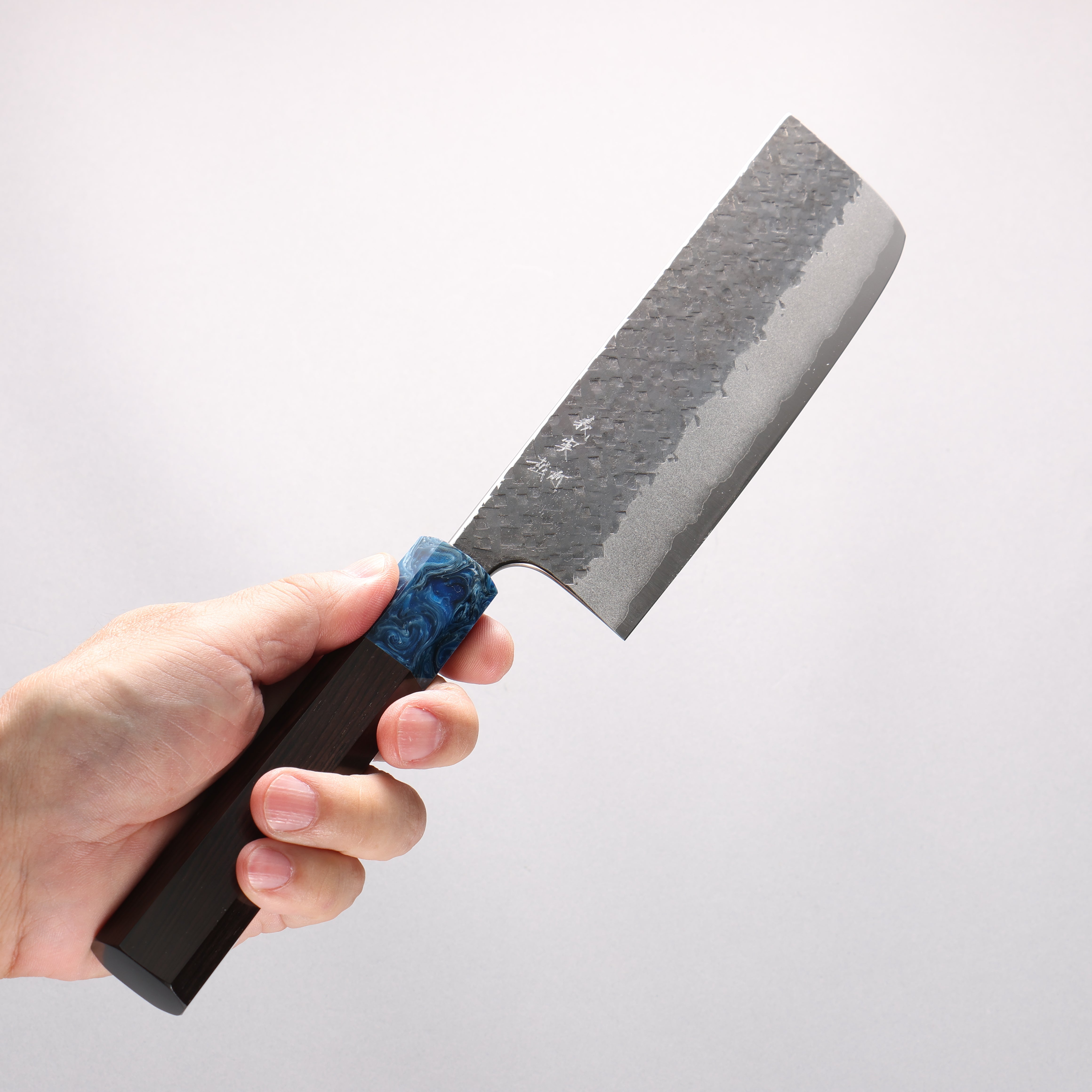 Yoshimi Kato Blue Super Kurouchi Square Hammered Nakiri 65mm Ebony Wood & Blue Marble Resin Handle - Seisuke Knife