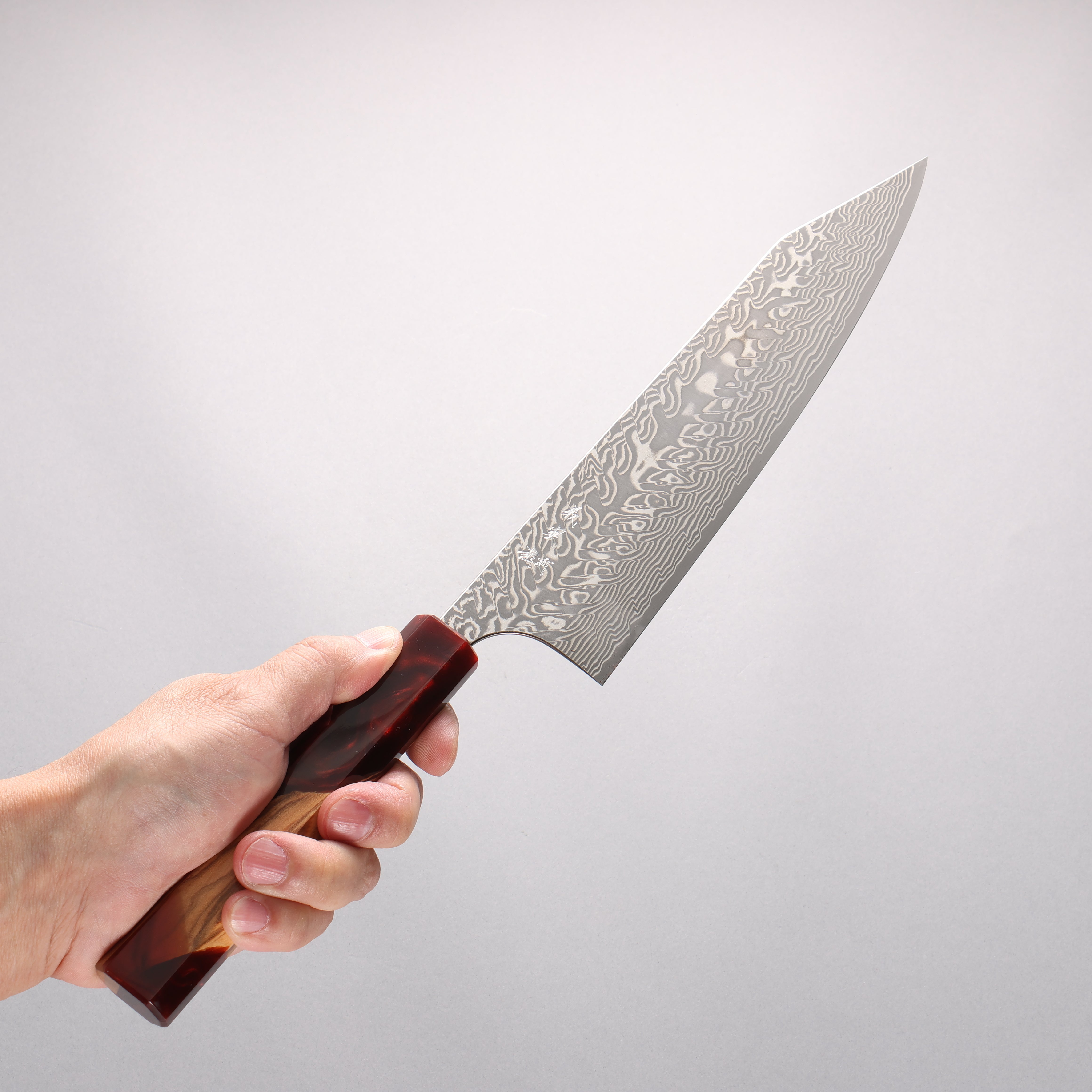 Yoshimi Kato SG2 Black Damascus Kiritsuke Gyuto 240mm Olive Tree and Red Resin Handle - Seisuke Knife