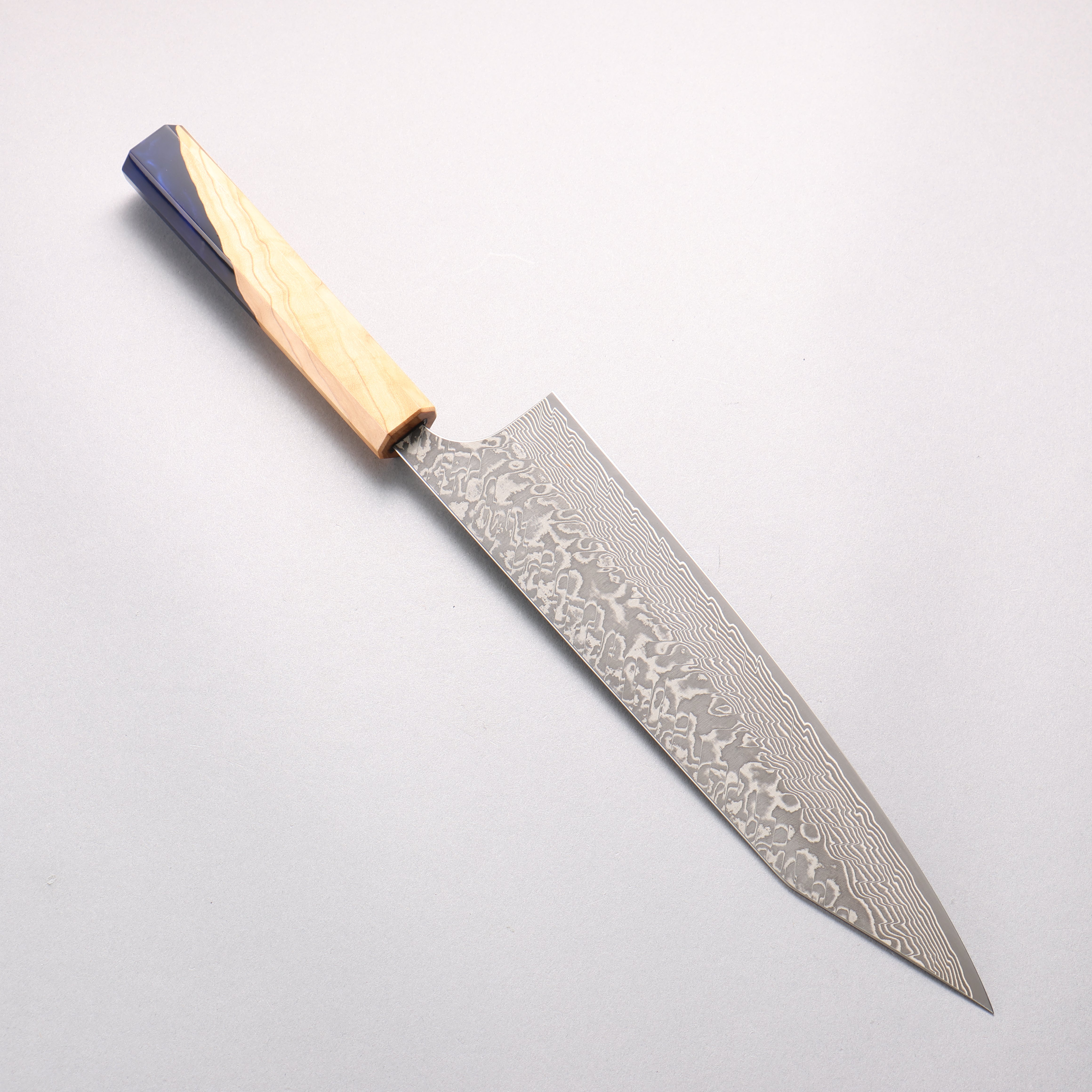 Yoshimi Kato SG2 Black Damascus Kiritsuke Gyuto 240mm Olive Tree and Blue Resin Handle - Seisuke Knife