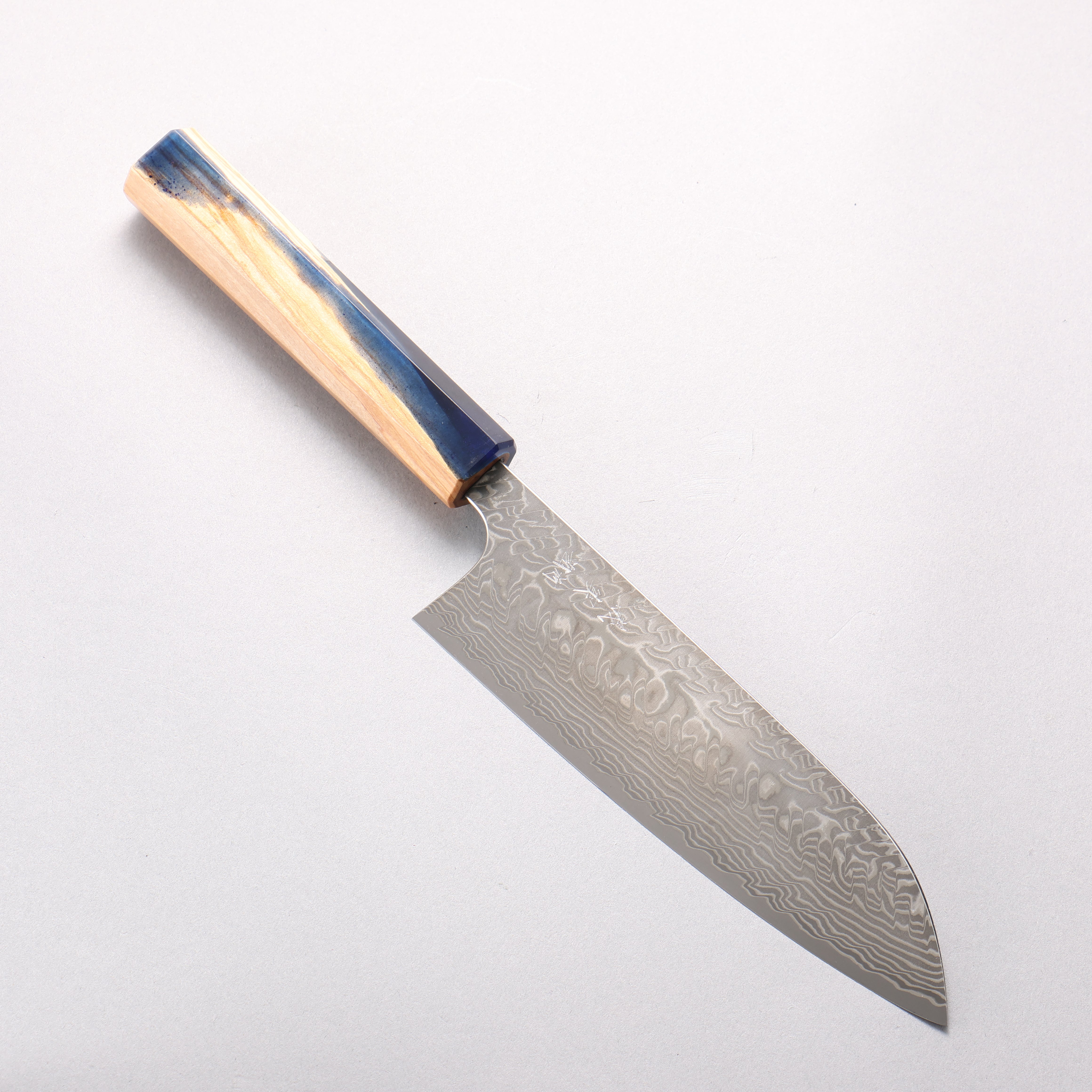 Yoshimi Kato SG2 Black Damascus Santoku 170mm Olive Tree and Blue Resin Handle - Seisuke Knife