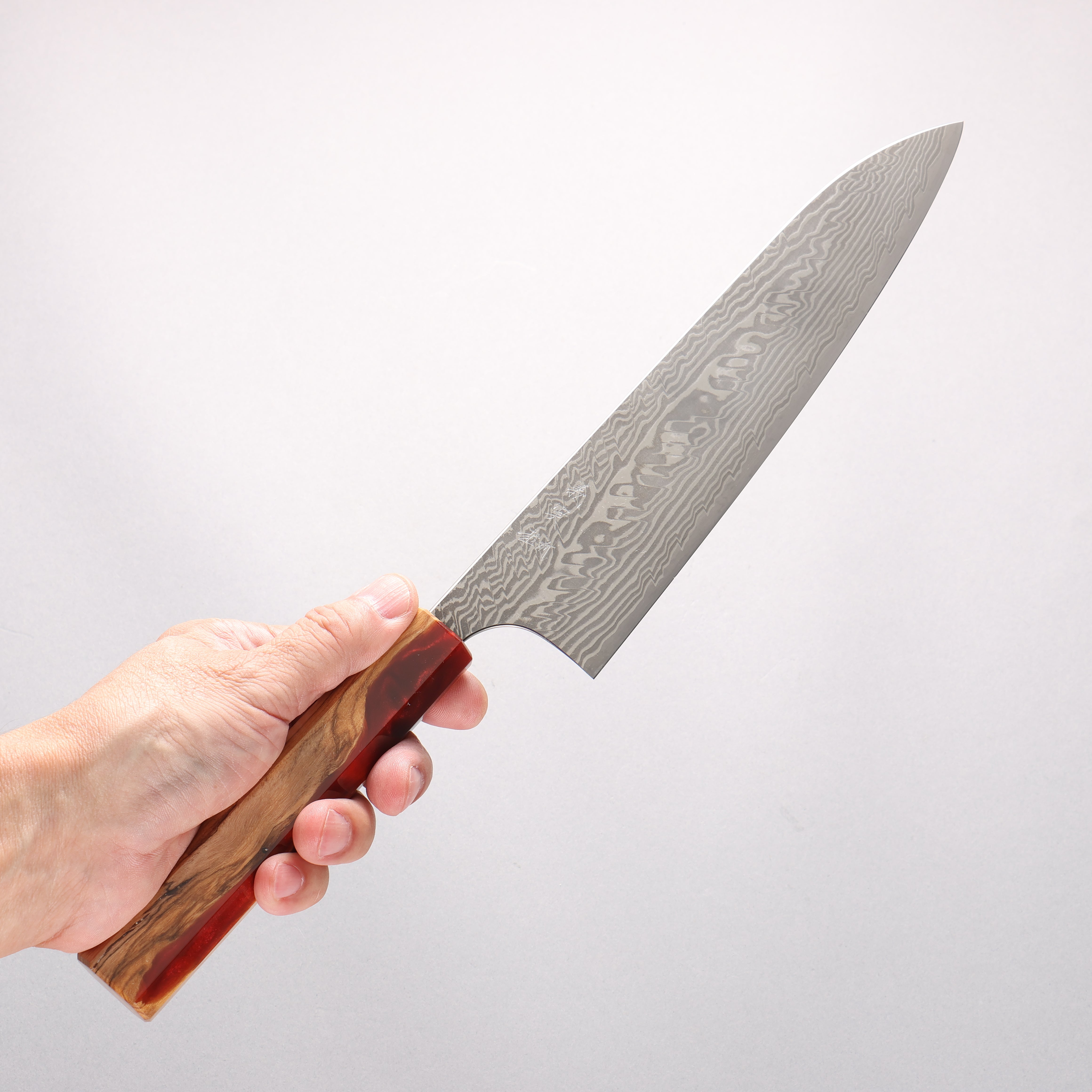 Yoshimi Kato SG2 Black Damascus Gyuto 210mm Olive Tree and Red Resin Handle - Seisuke Knife