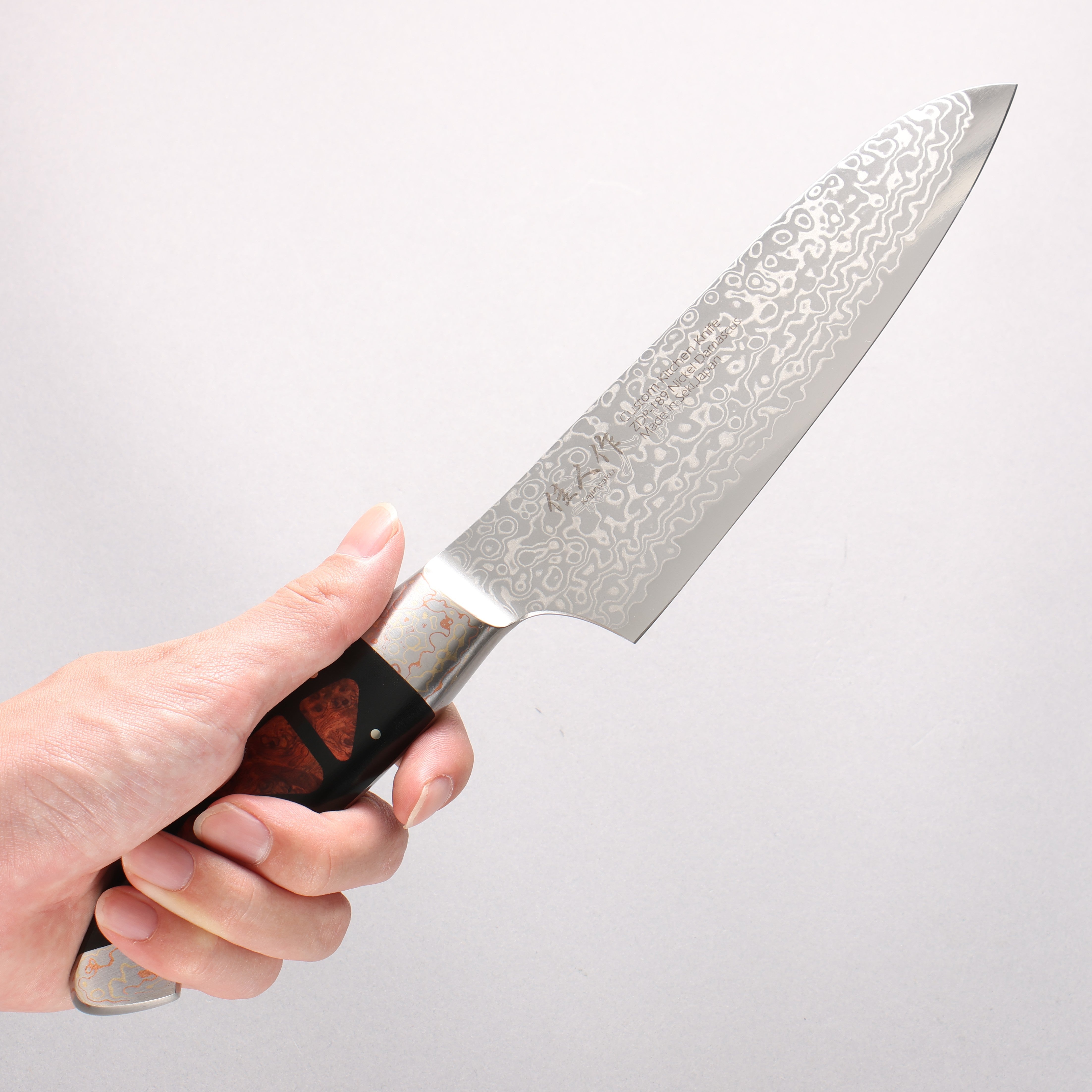 Kajin ZDP189 Damascus Migaki Finished Santoku 165mm Abalone Inlay Handle - Seisuke Knife