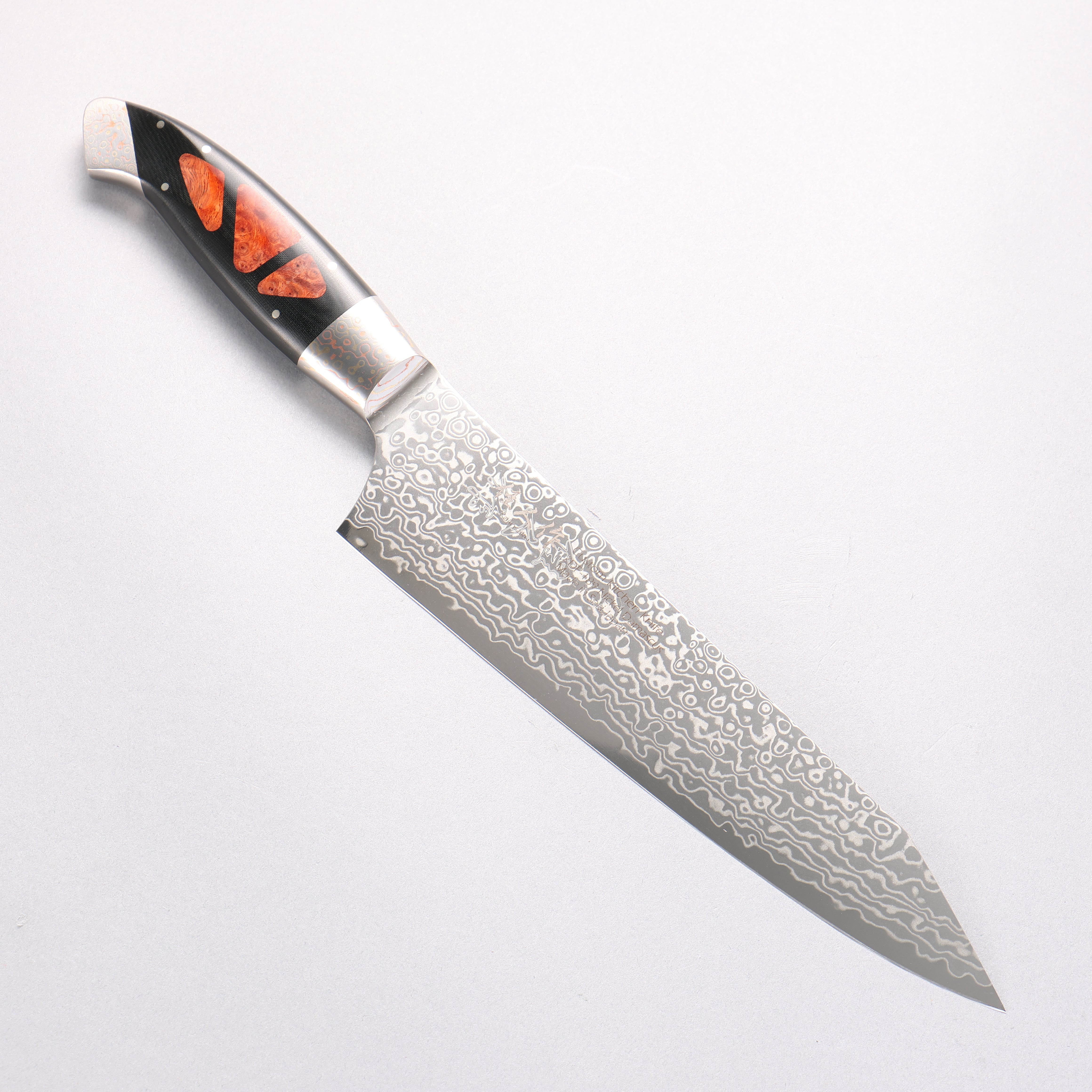 Kajin ZDP189 Damascus Migaki Finished Kiritsuke Gyuto 210mm Chinese Quince Burl Inlay Handle - Seisuke Knife