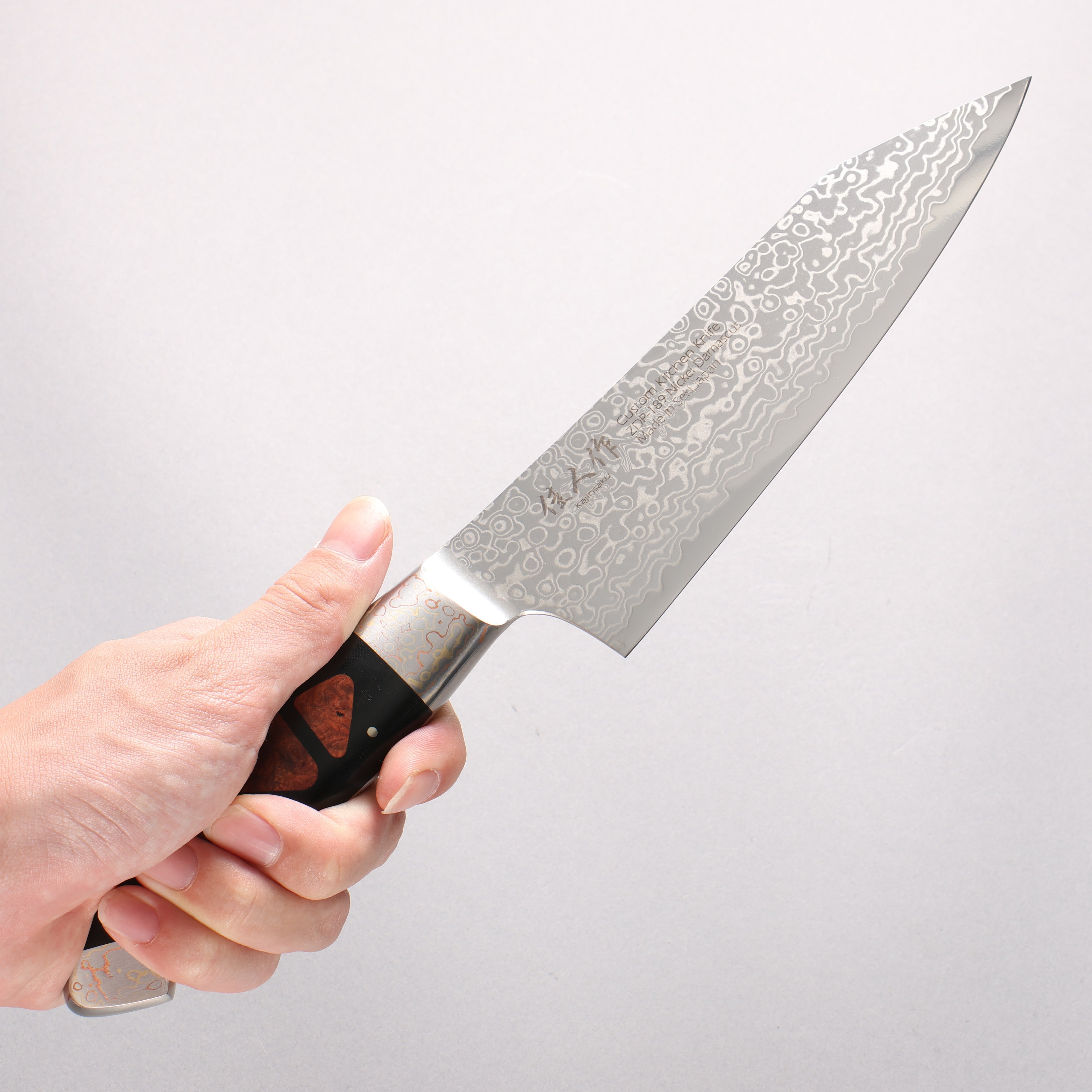 Kajin ZDP189 Damascus Migaki Kiritsuke Santoku 165mm Chinese Quince Burl Inlay Handle - Seisuke Knife