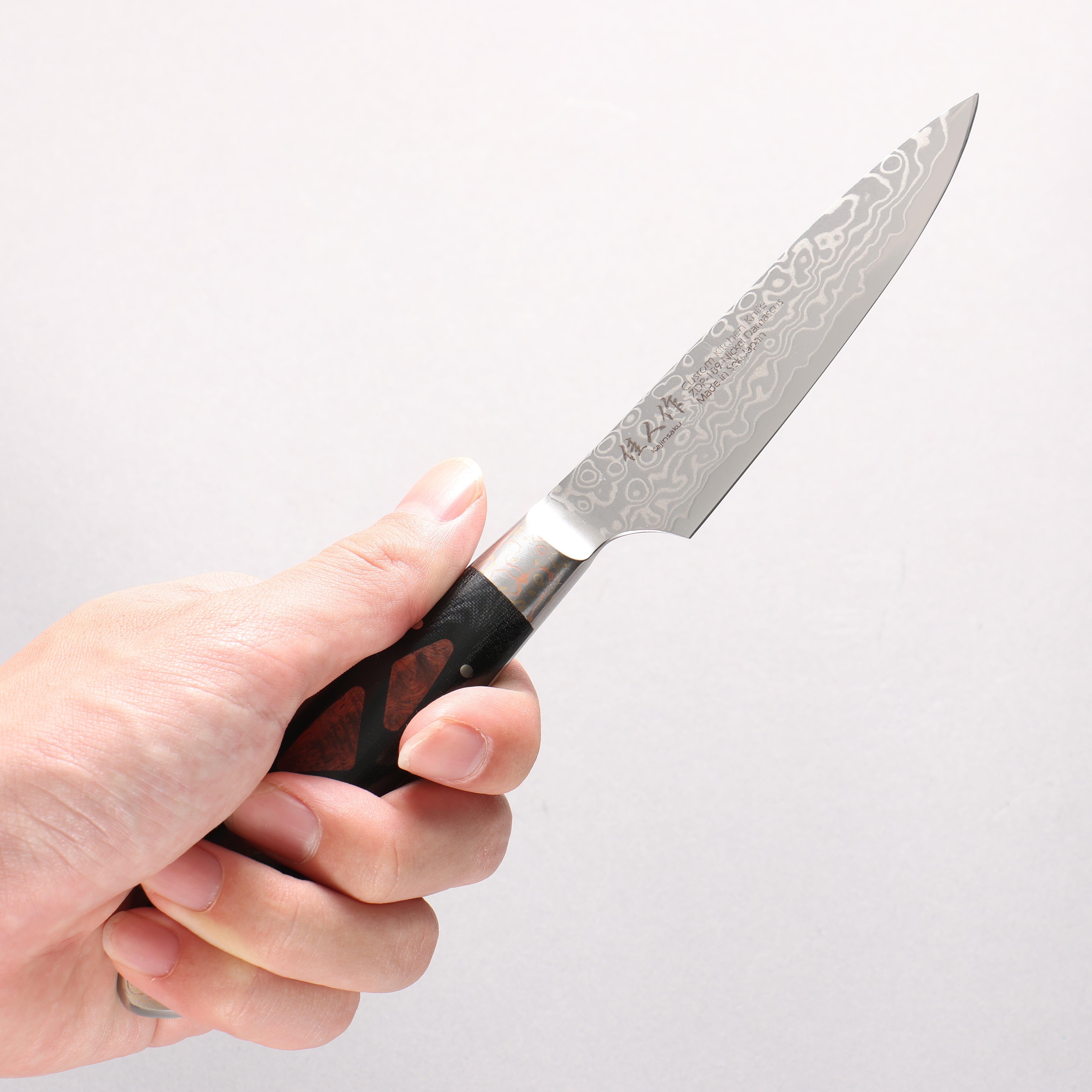 Kajin ZDP189 Damascus Migaki Petty-Utility 95mm Chinese Quince Burl Inlay Handle - Seisuke Knife