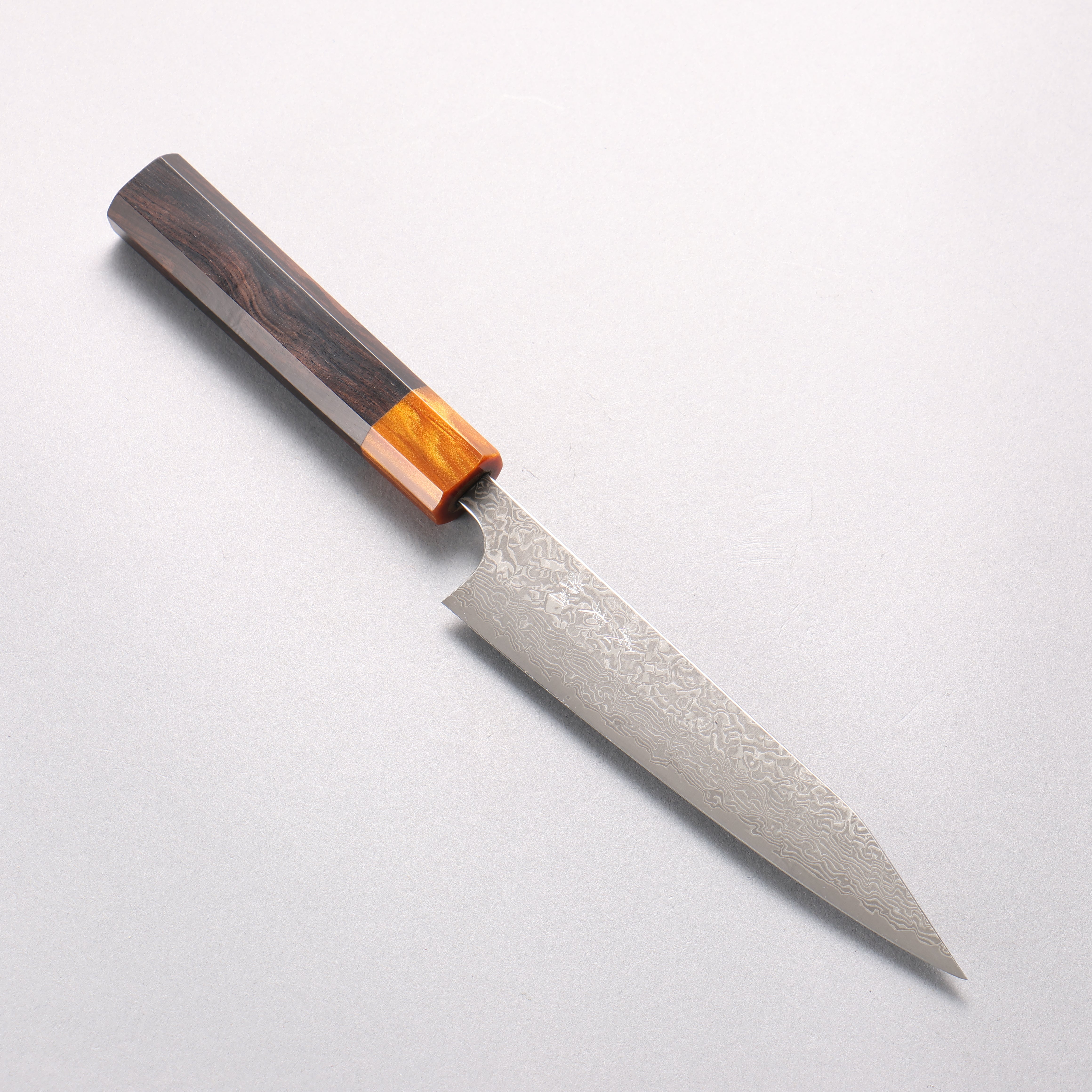 Yoshimi Kato VG10 Black Damascus Kiritsuke Petty-Utility 150mm Ebony (ferrule: Orange Resin) Handle - Seisuke Knife