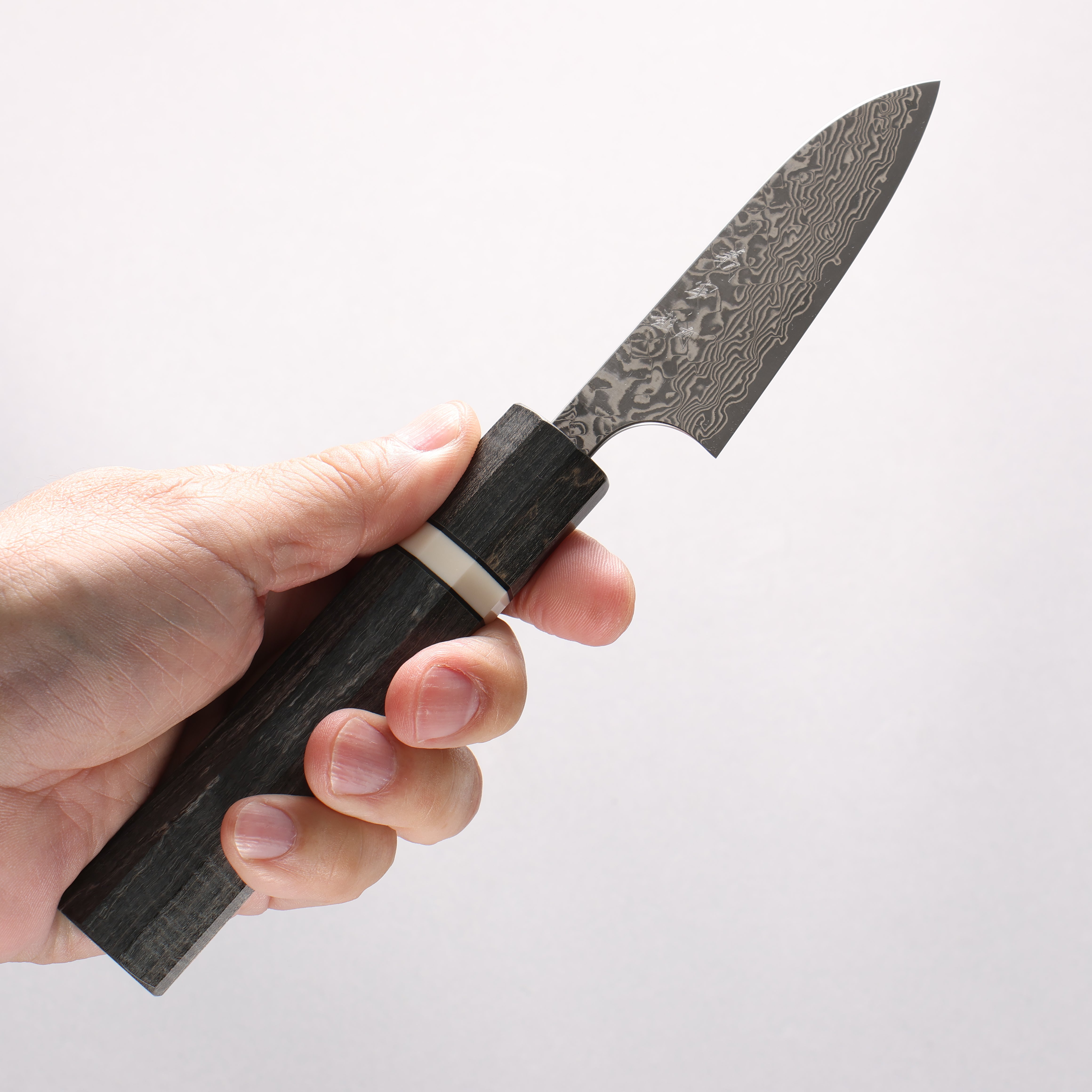 Yoshimi Kato VG10 Black Damascus Paring 75mm Gray Stabilized Wood & White Ring Handle - Seisuke Knife