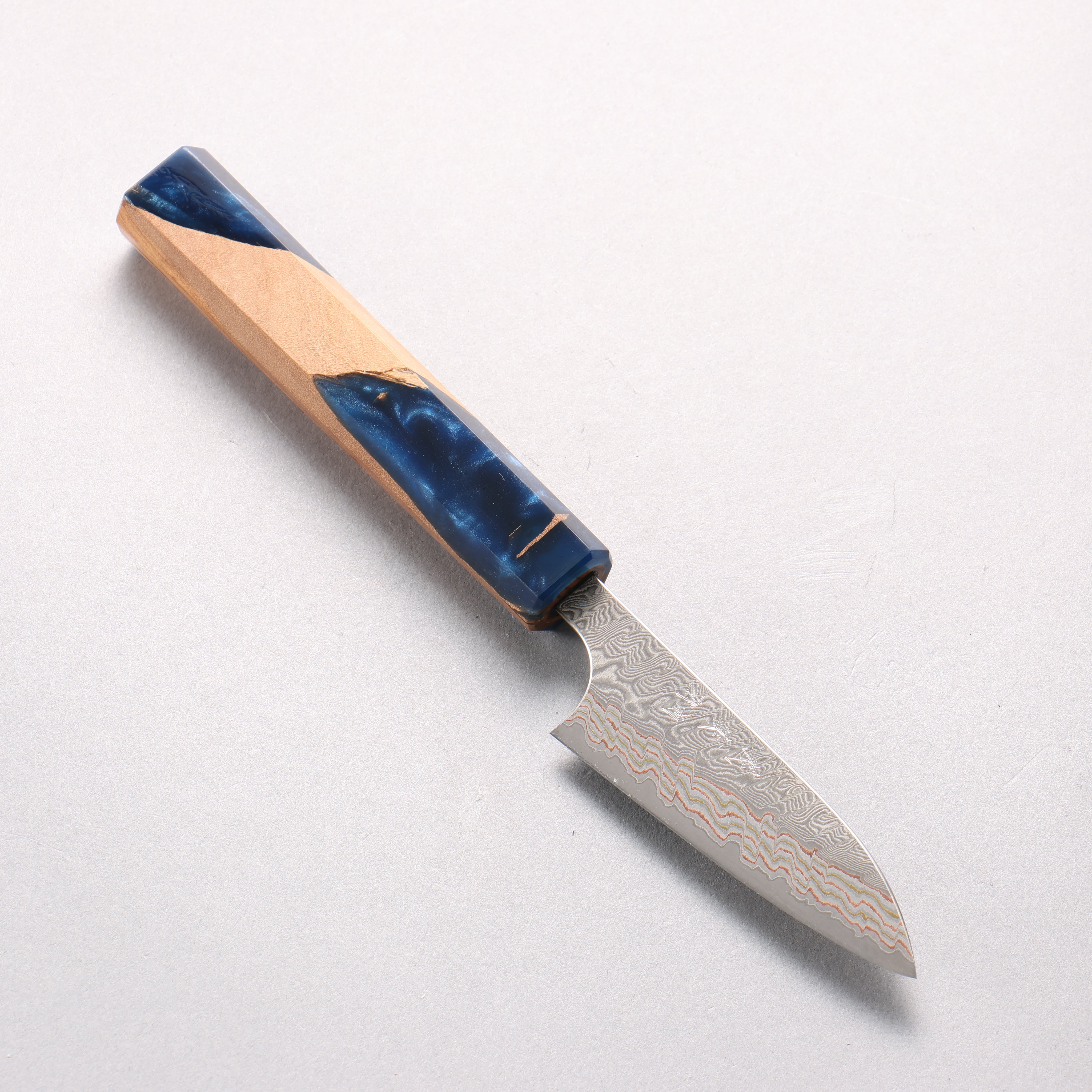 Yoshimi Kato VG10w Colored Damascus Paring 80mm Olive Wood & Blue Resin Handle - Seisuke Knife
