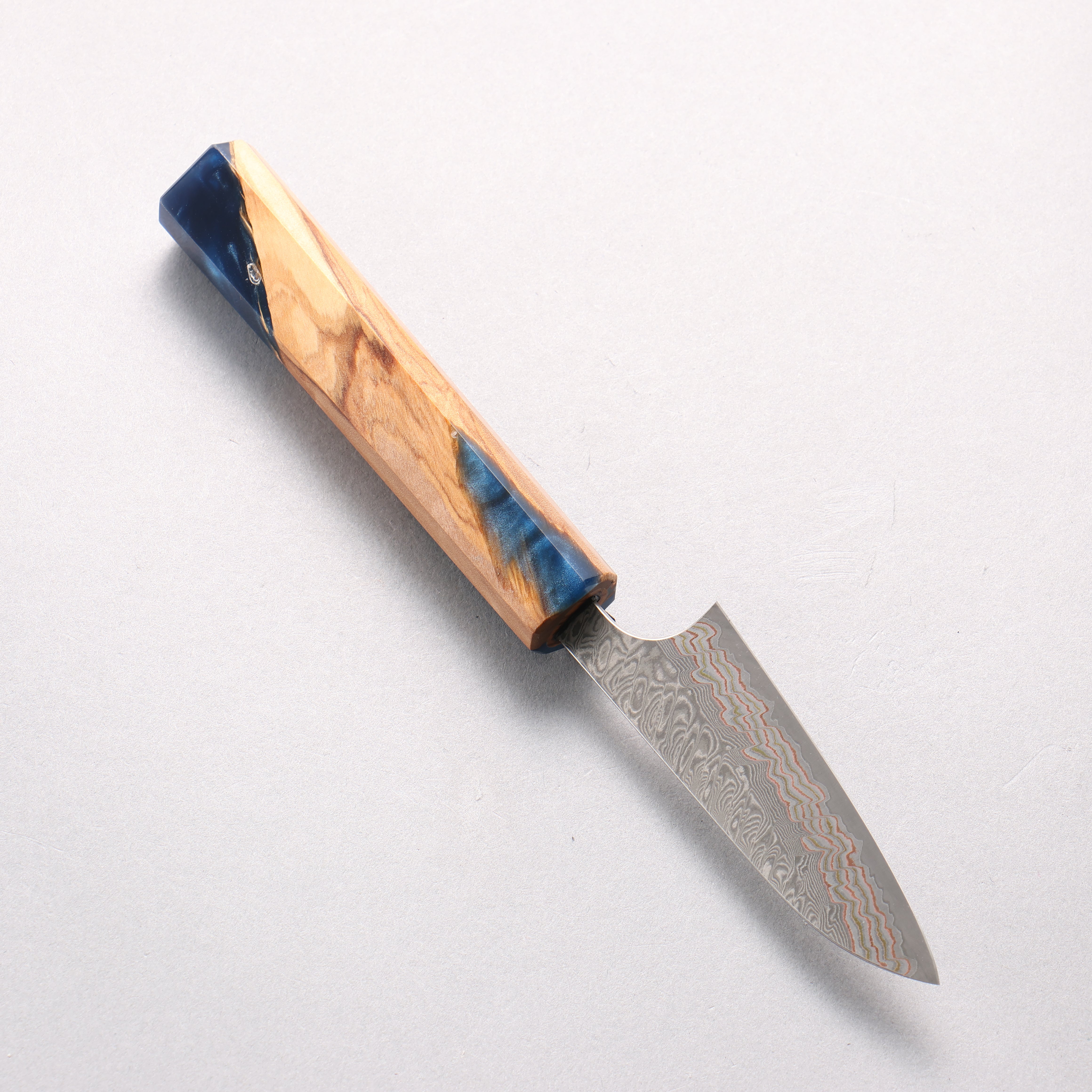 Yoshimi Kato VG10w Colored Damascus Paring 80mm Olive Wood & Blue Resin Handle - Seisuke Knife