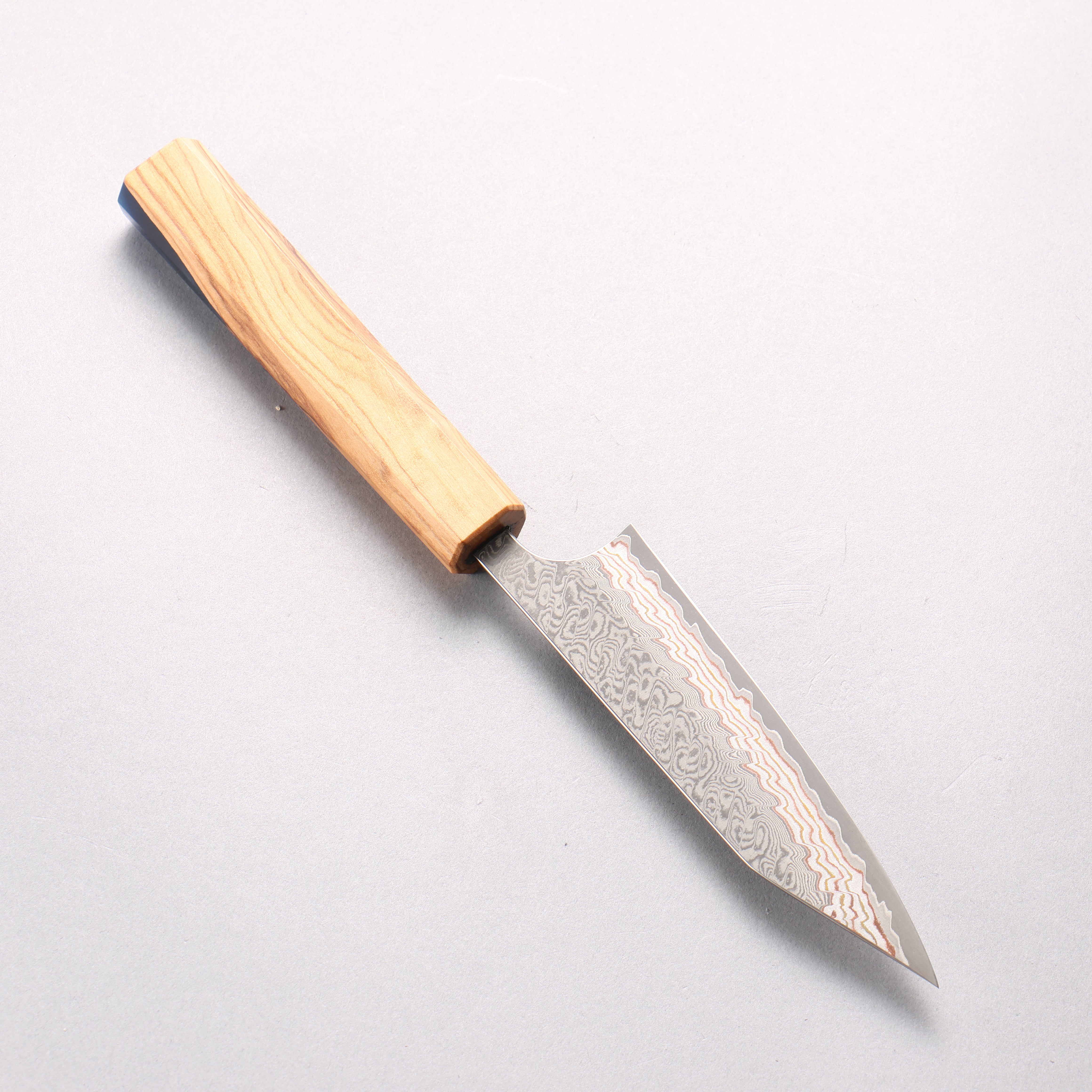 Yoshimi Kato VG10w Colored Damascus Kiritsuke Petty-Utility 120mm Olive Tree and Blue Resin Handle - Seisuke Knife