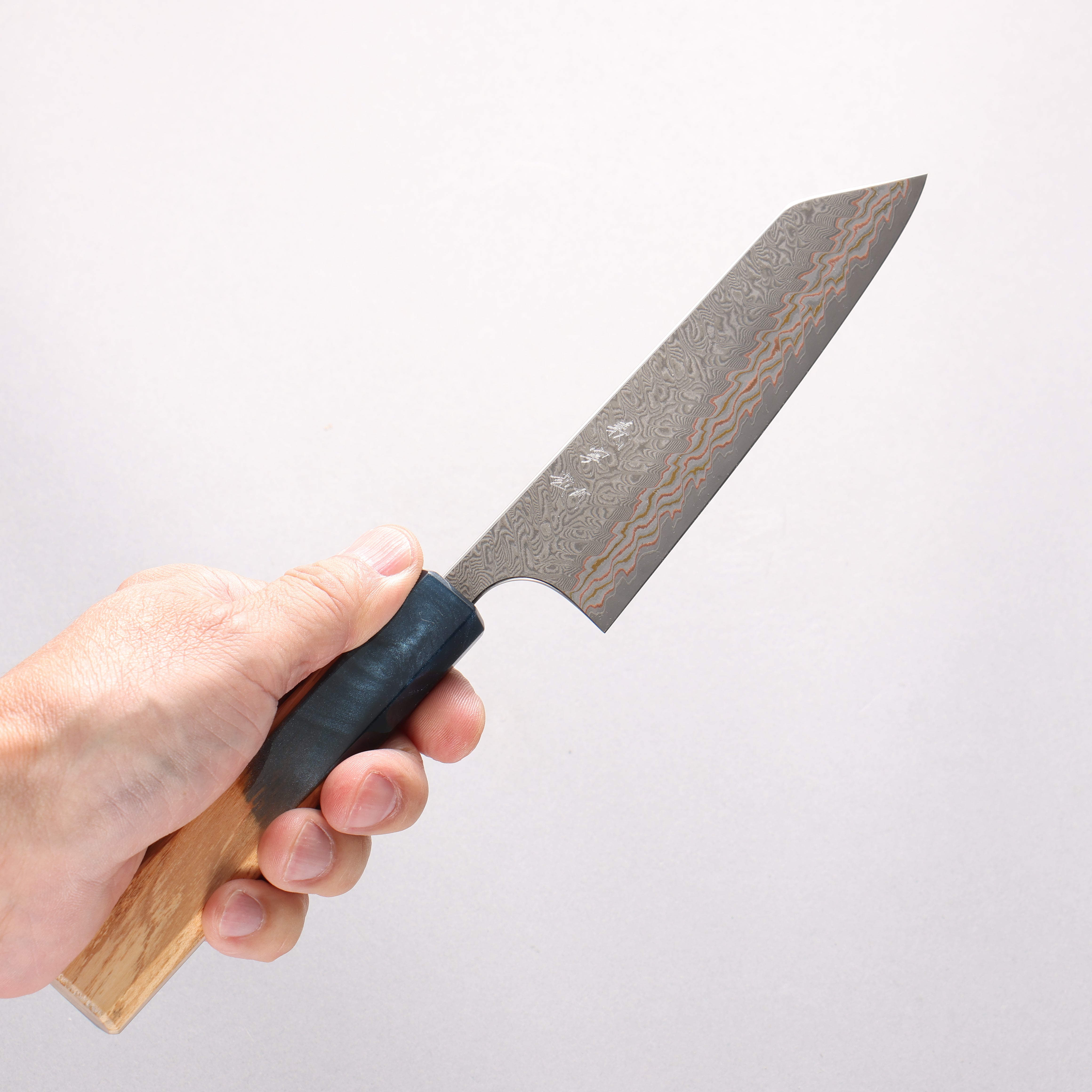 Yoshimi Kato VG10w Colored Damascus Small Bunka 130mm Olive Tree and Blue Resin Handle - Seisuke Knife