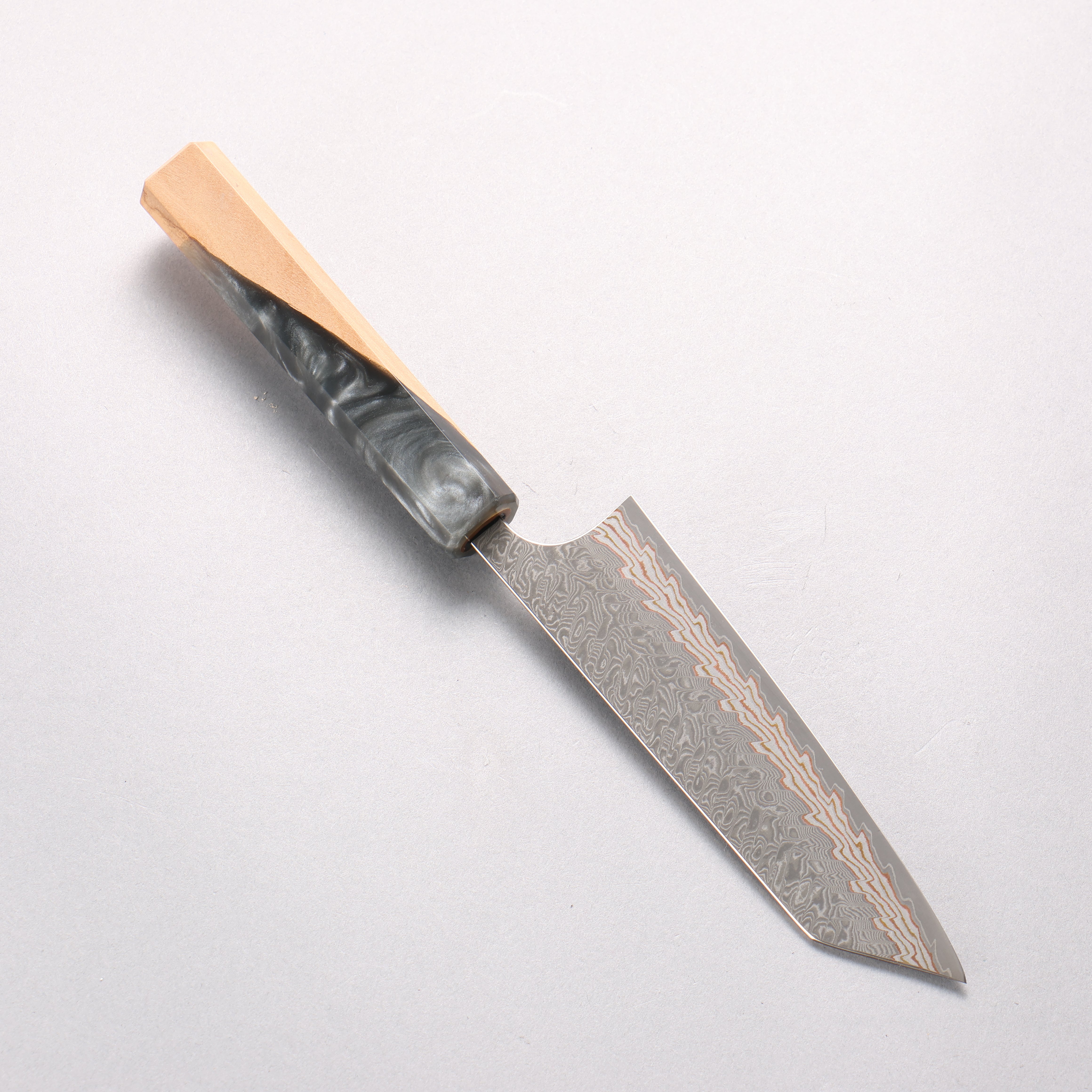 Yoshimi Kato VG10w Colored Damascus Small Bunka 130mm Olive Tree and Black/White Marble Resin Handle - Seisuke Knife