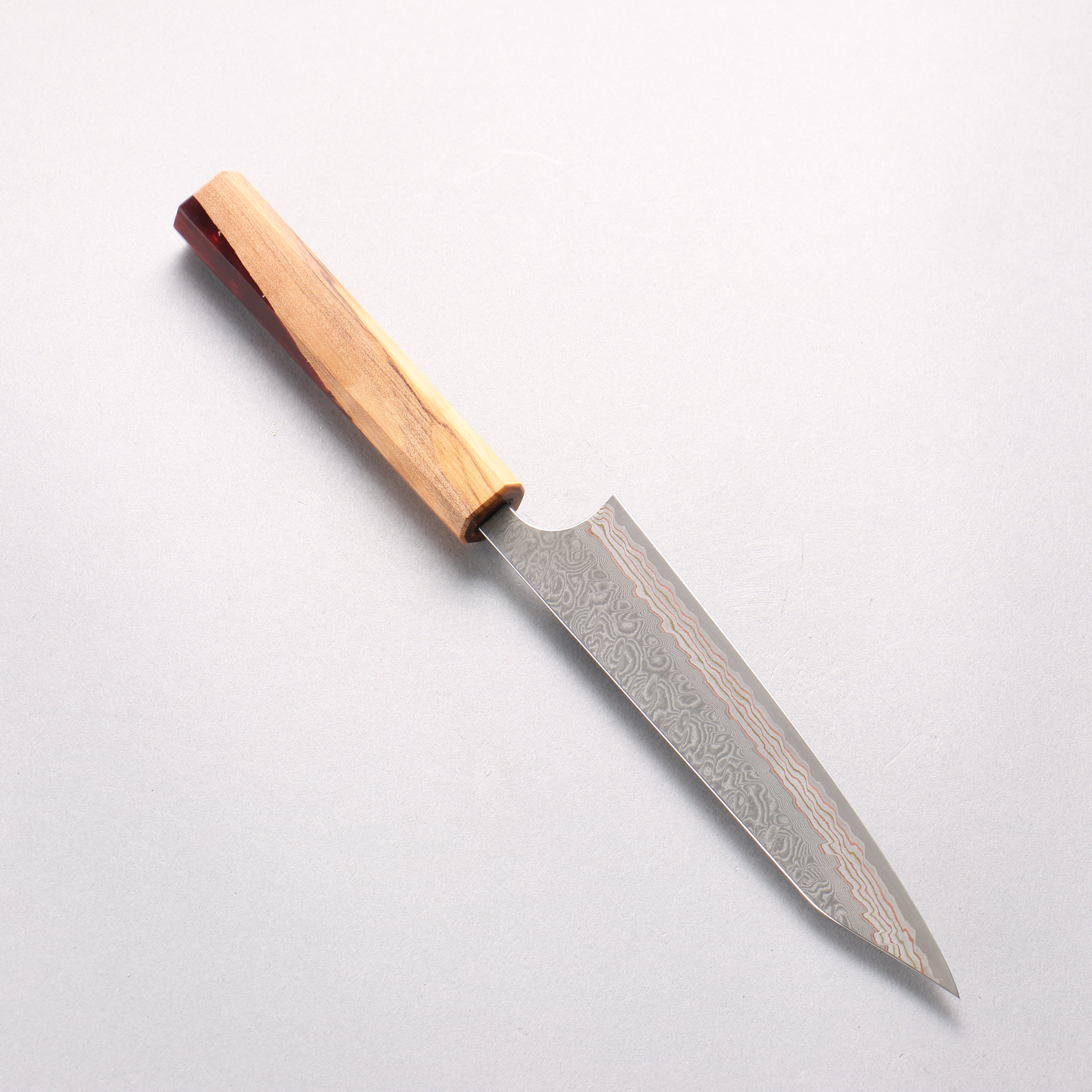 Yoshimi Kato VG10w Colored Damascus Kiritsuke Petty-Utility 150mm Olive Tree and Red Resin Handle - Seisuke Knife