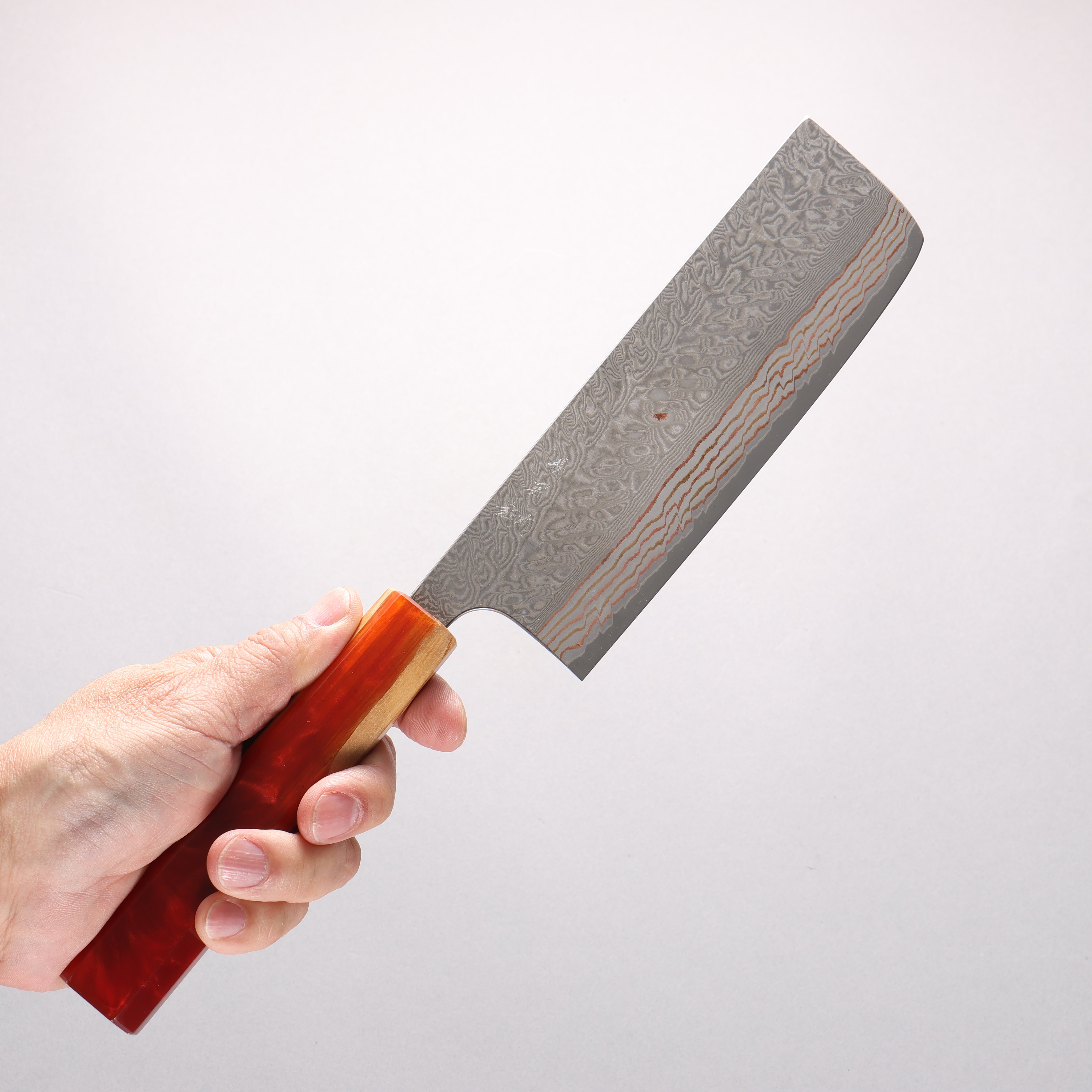 Yoshimi Kato VG10w Colored Damascus Nakiri 165mm Olive Wood & Orange Resin Handle - Seisuke Knife