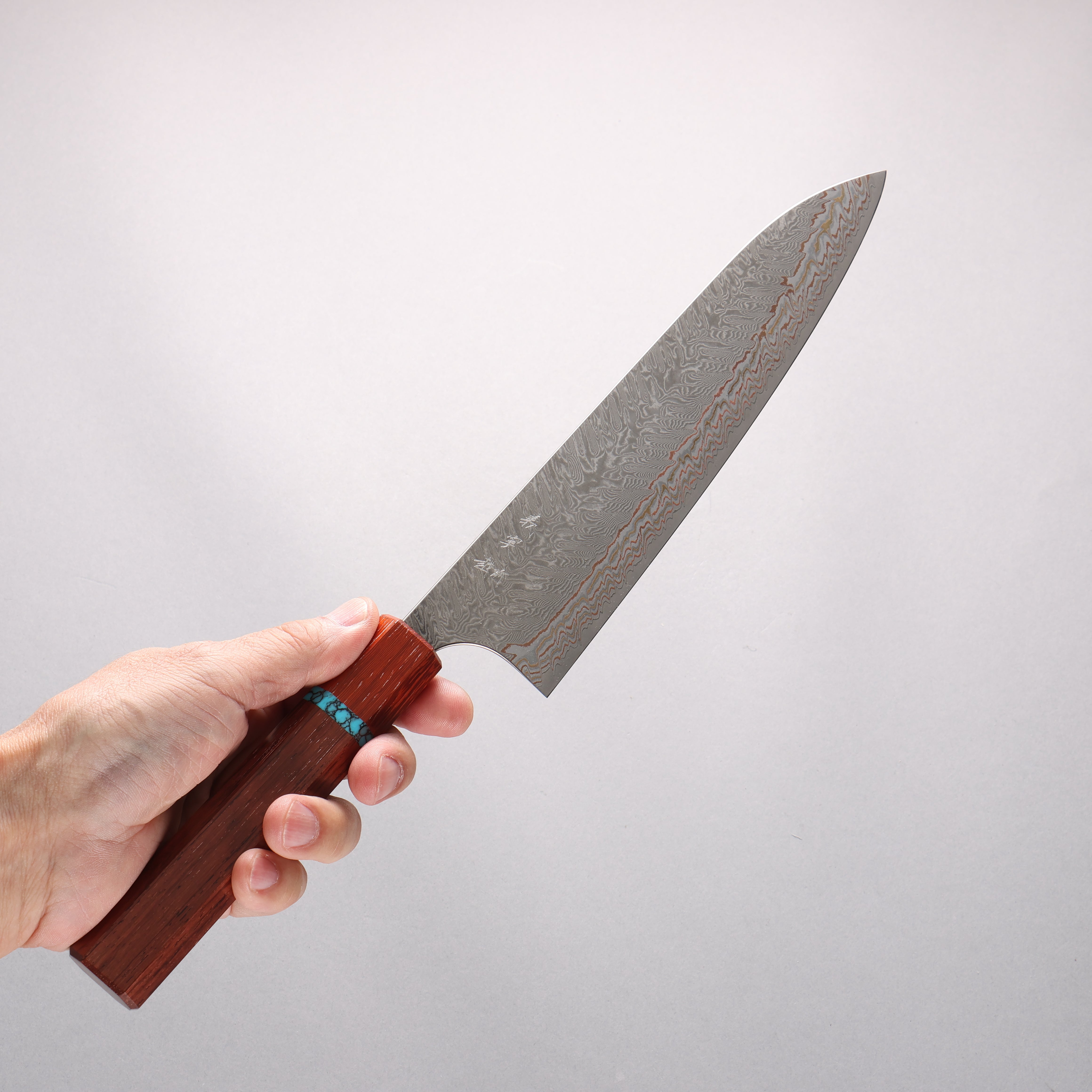 Yoshimi Kato VG10w Colored Damascus Kiritsuke Gyuto 210mm Rosewood & Turquoise Ring Handle - Seisuke Knife
