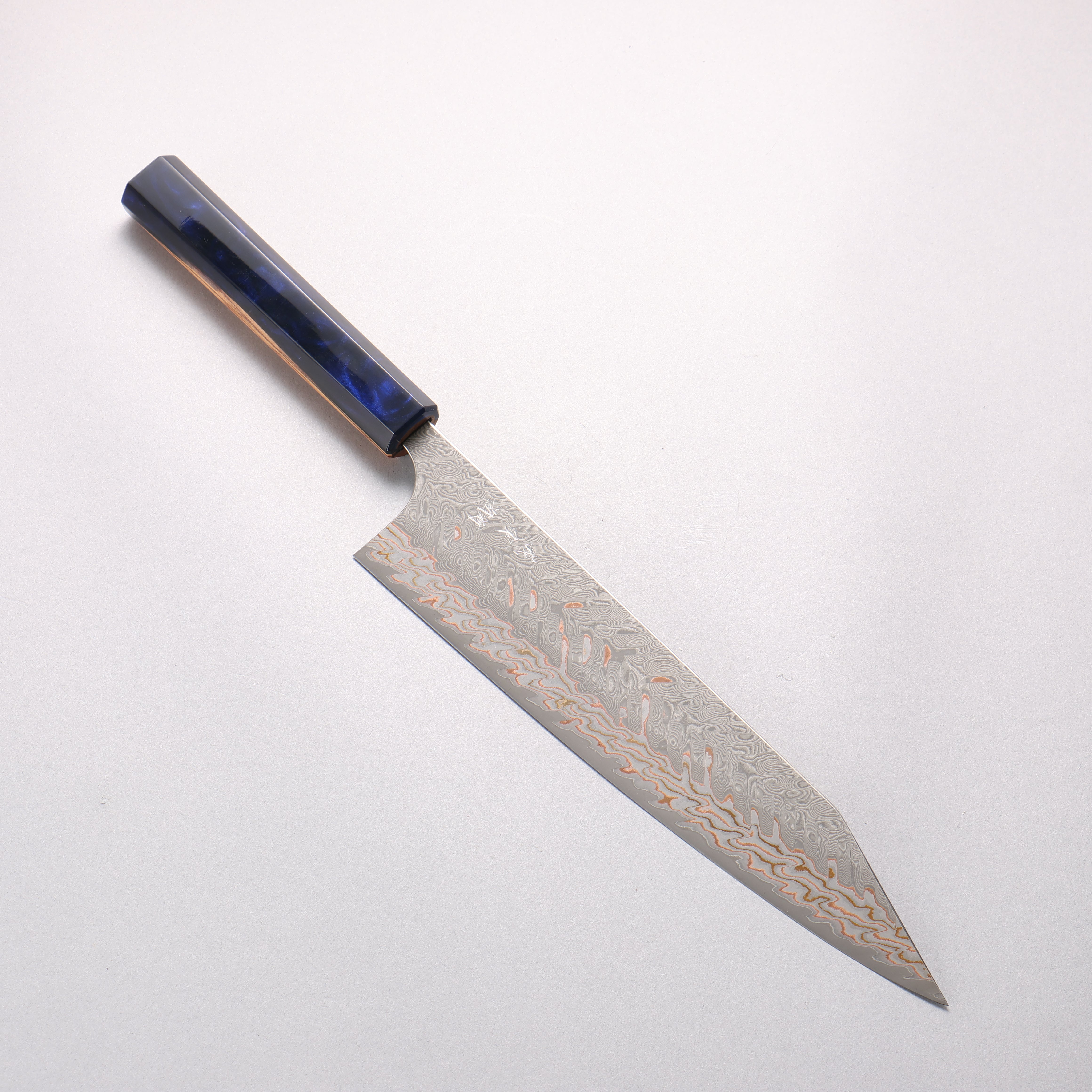 Yoshimi Kato VG10w Colored Damascus Kiritsuke Gyuto 240mm Olive Tree & Blue Resin Handle - Seisuke Knife