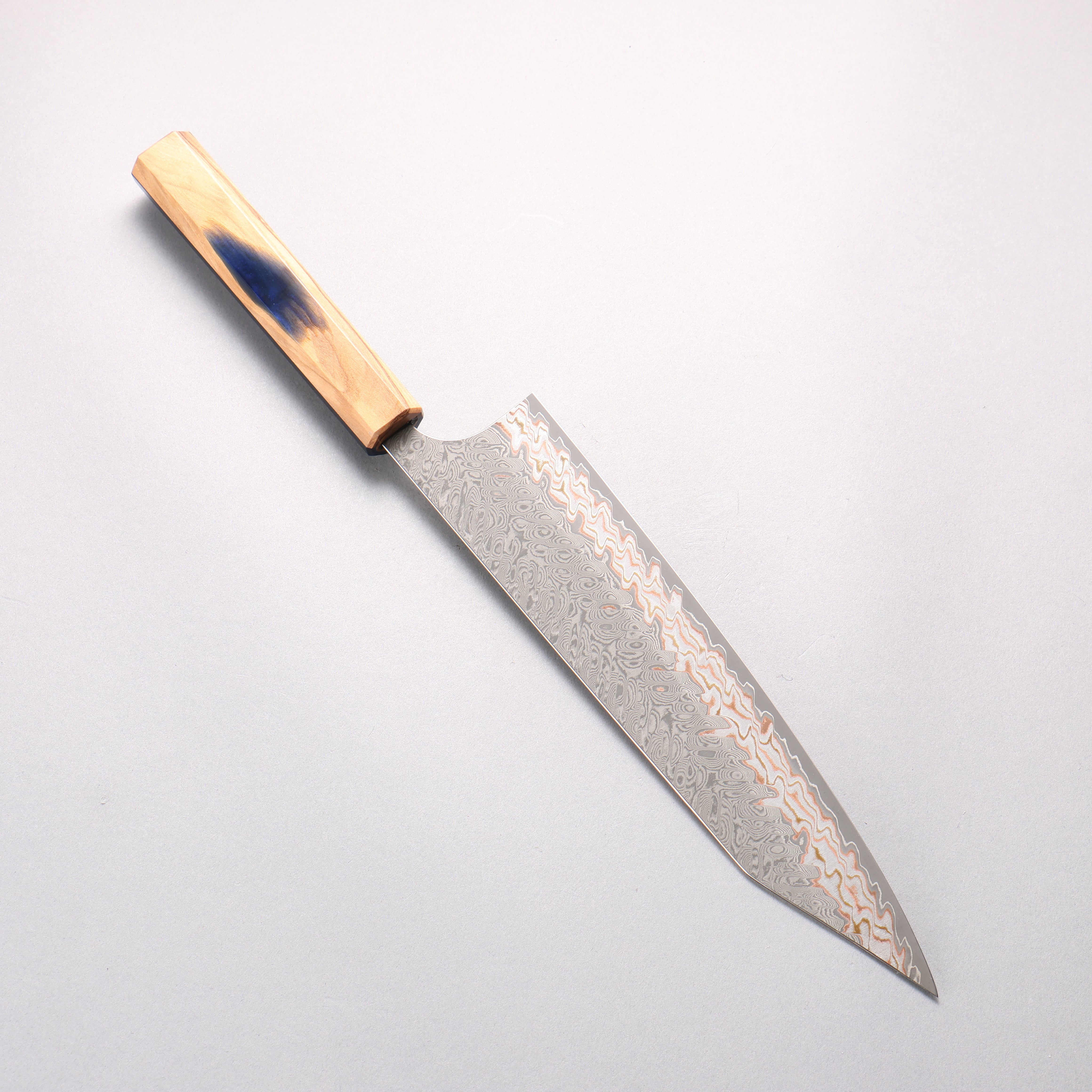 Yoshimi Kato VG10w Colored Damascus Kiritsuke Gyuto 240mm Olive Tree & Blue Resin Handle - Seisuke Knife