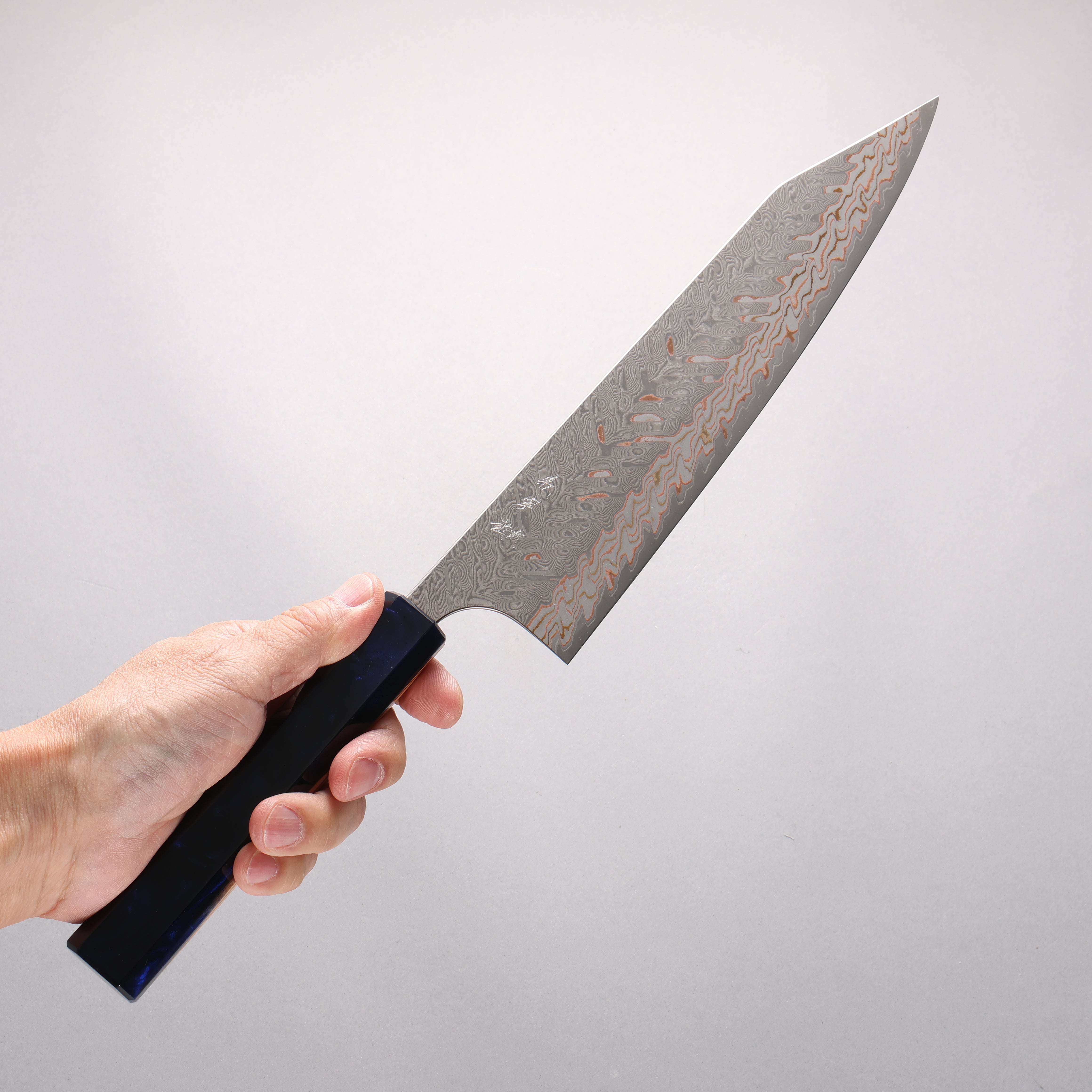Yoshimi Kato VG10w Colored Damascus Kiritsuke Gyuto 240mm Olive Tree & Blue Resin Handle - Seisuke Knife