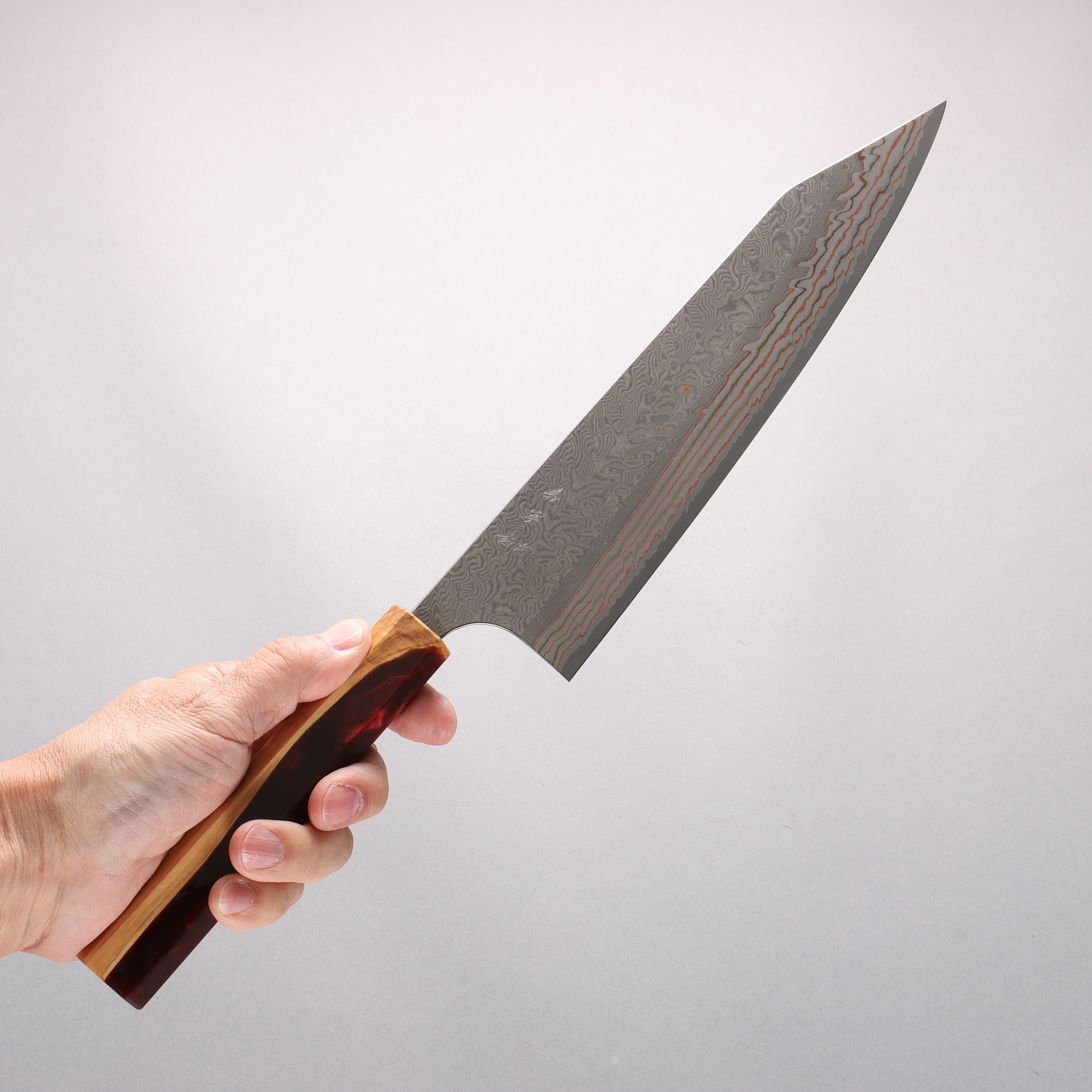 Yoshimi Kato VG10w Colored Damascus Kiritsuke Gyuto 240mm Olive Tree & Red Resin Handle - Seisuke Knife