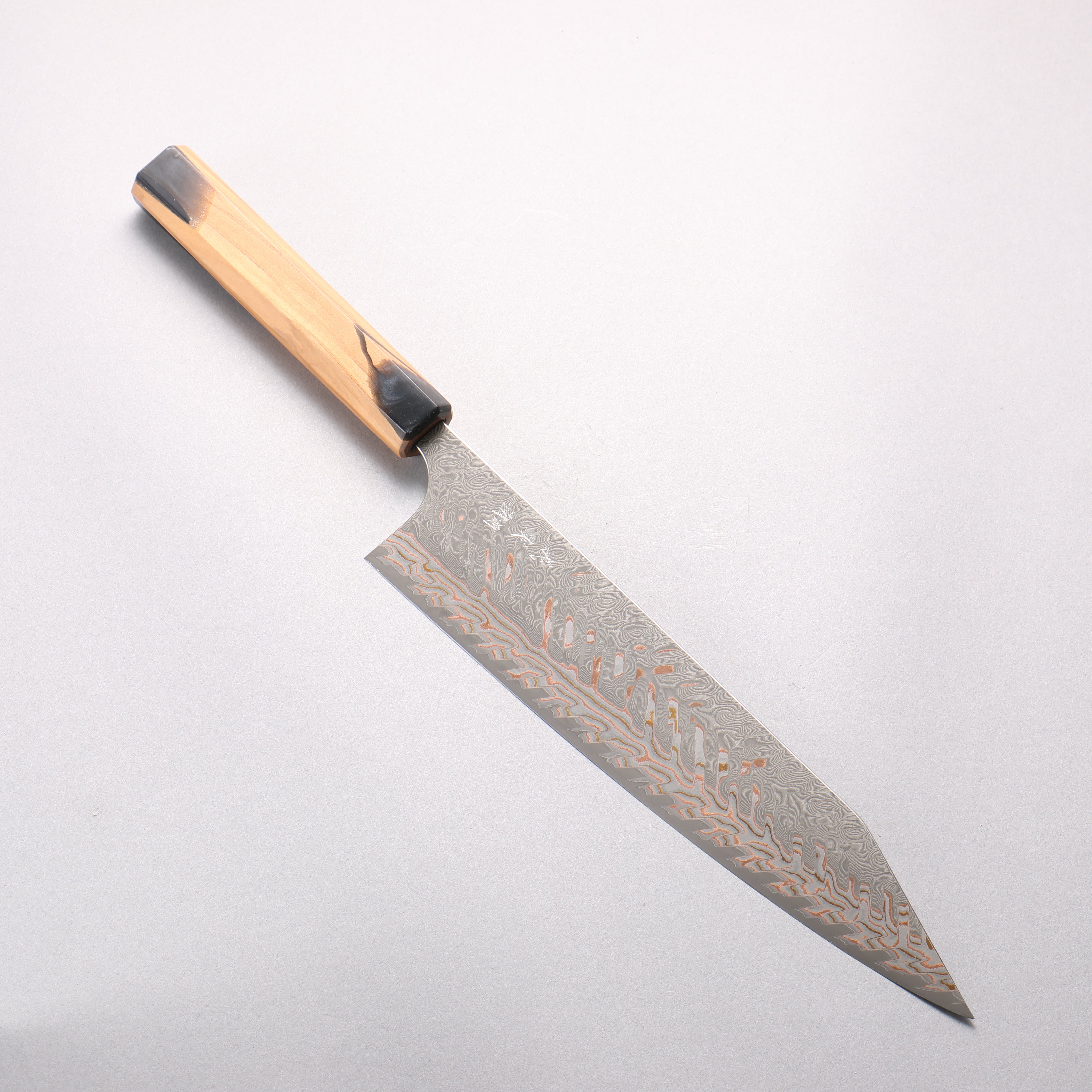 Yoshimi Kato VG10w Colored Damascus Kiritsuke Gyuto 240mm Olive Tree & Black Marble Resin Handle - Seisuke Knife