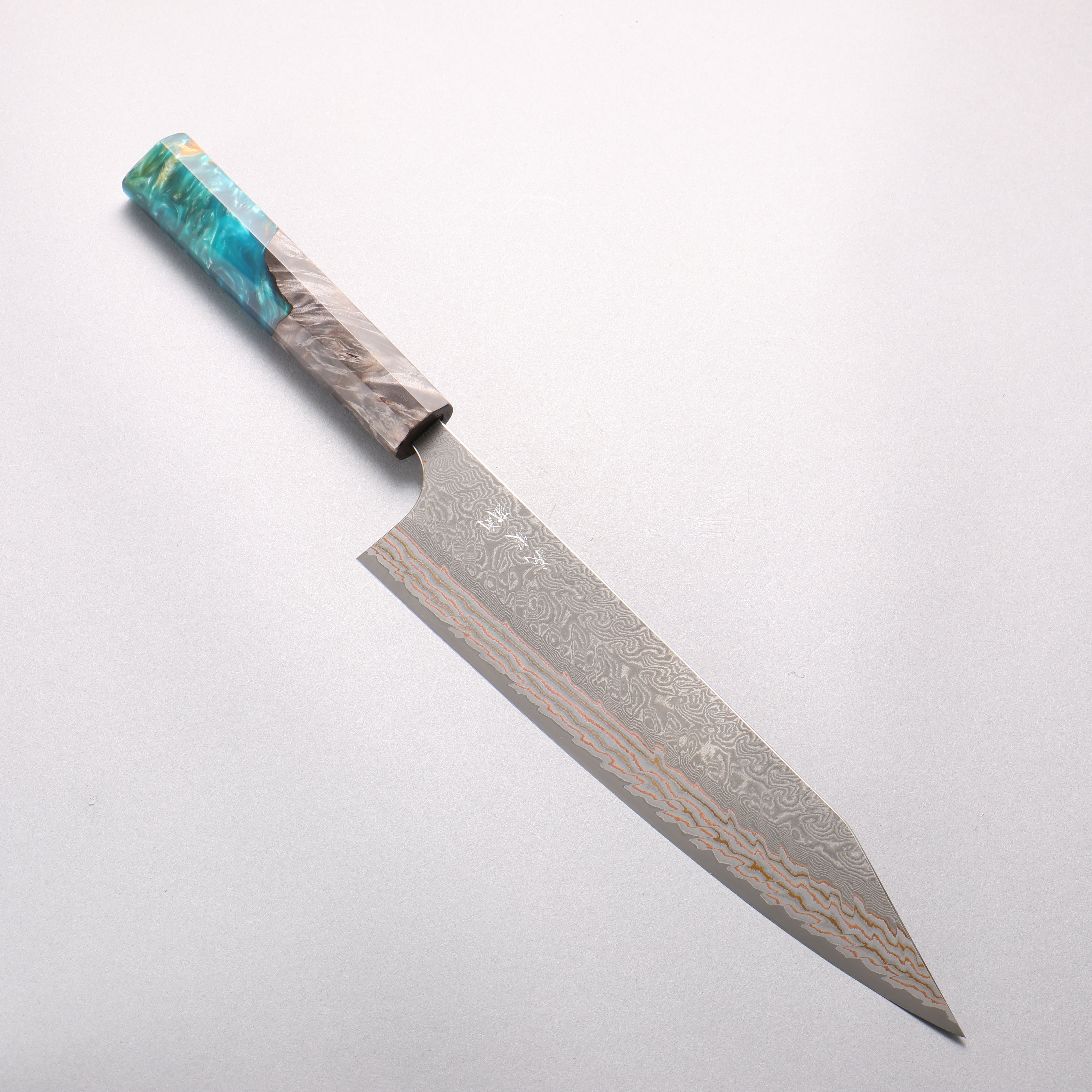 Yoshimi Kato VG10w Colored Damascus Kiritsuke Gyuto 240mm Stabilized Birch & Emerald Resin Handle - Seisuke Knife
