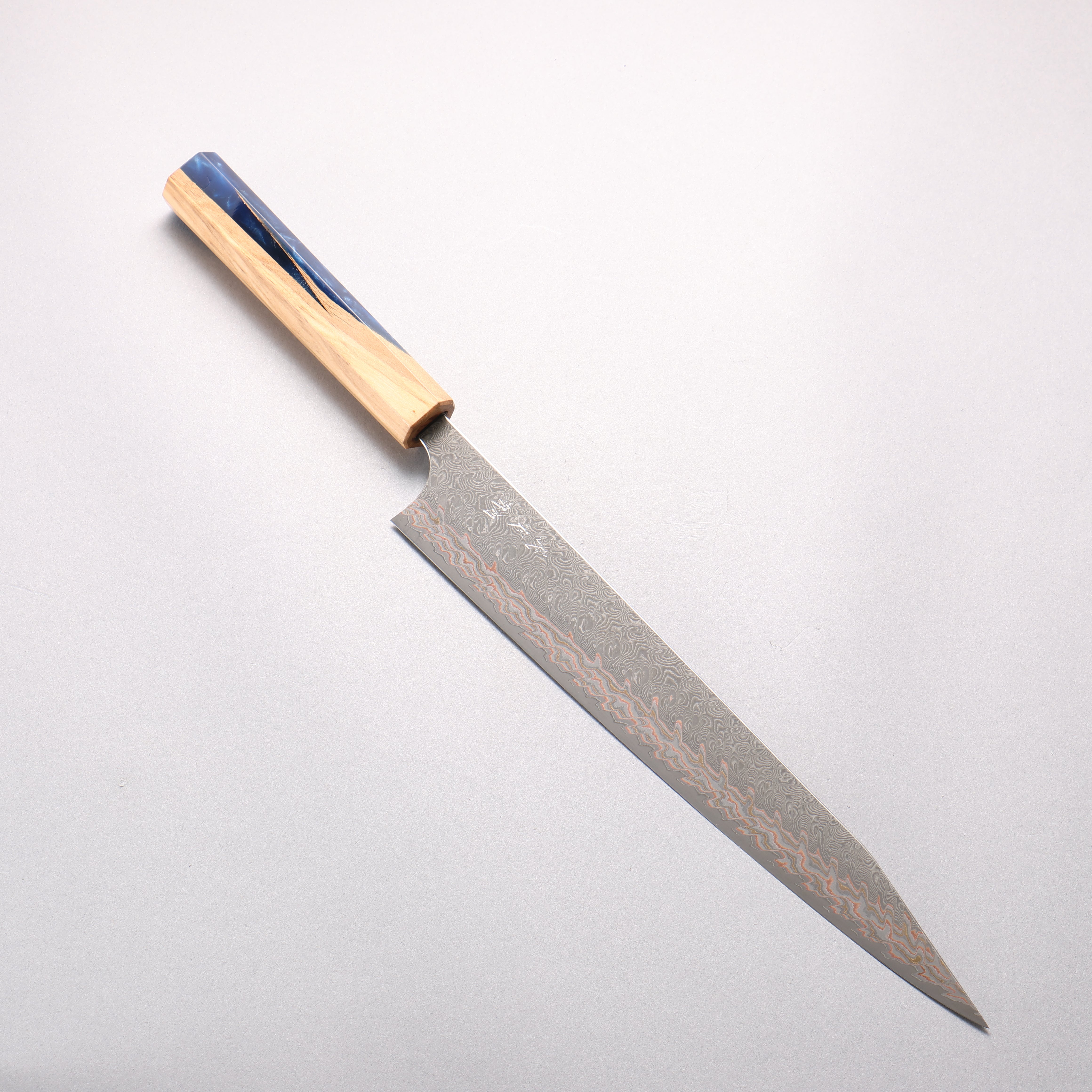 Yoshimi Kato VG10w Colored Damascus Kiritsuke Sujihiki 270mm Olive Wood & Blue Resin Handle - Seisuke Knife