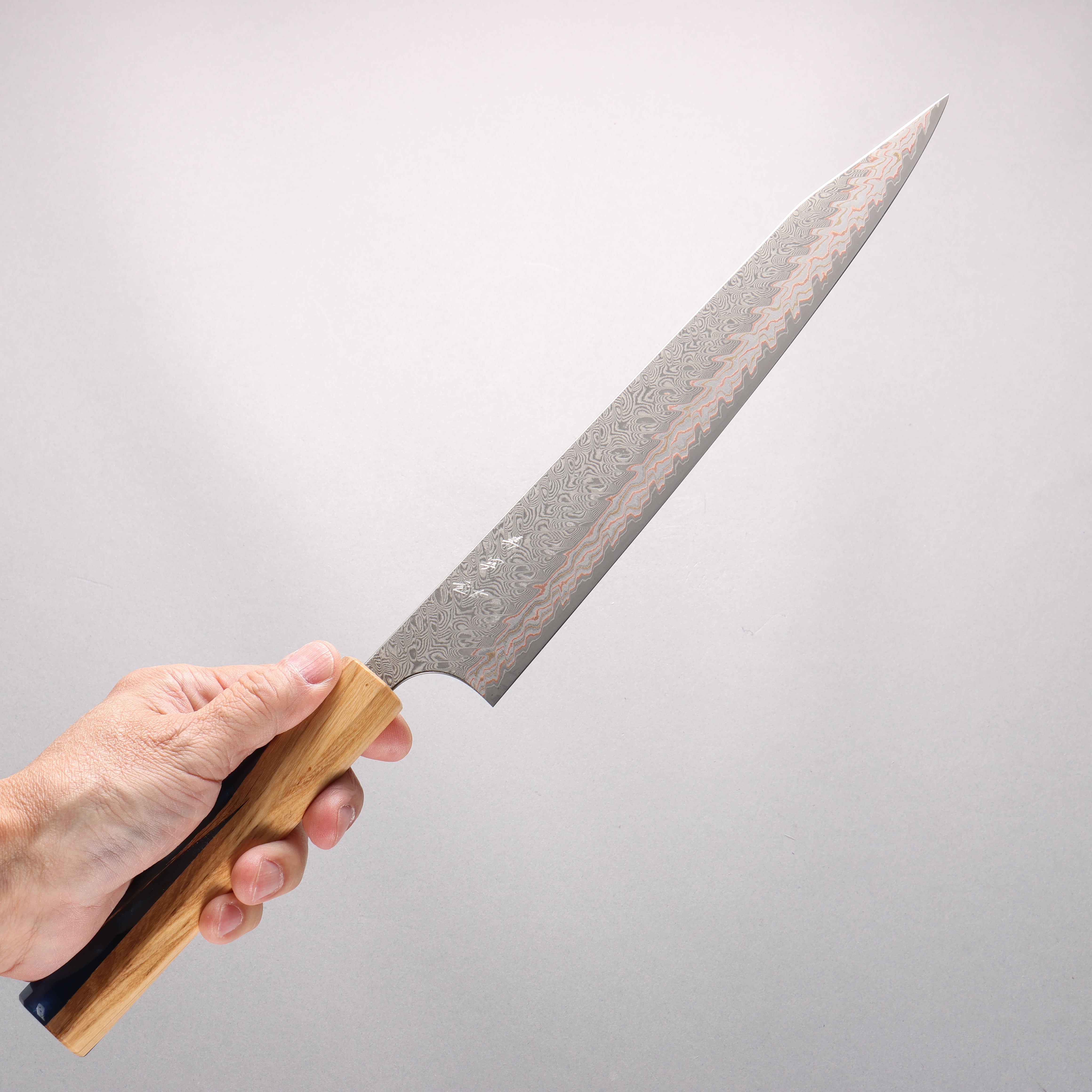 Yoshimi Kato VG10w Colored Damascus Kiritsuke Sujihiki 270mm Olive Wood & Blue Resin Handle - Seisuke Knife
