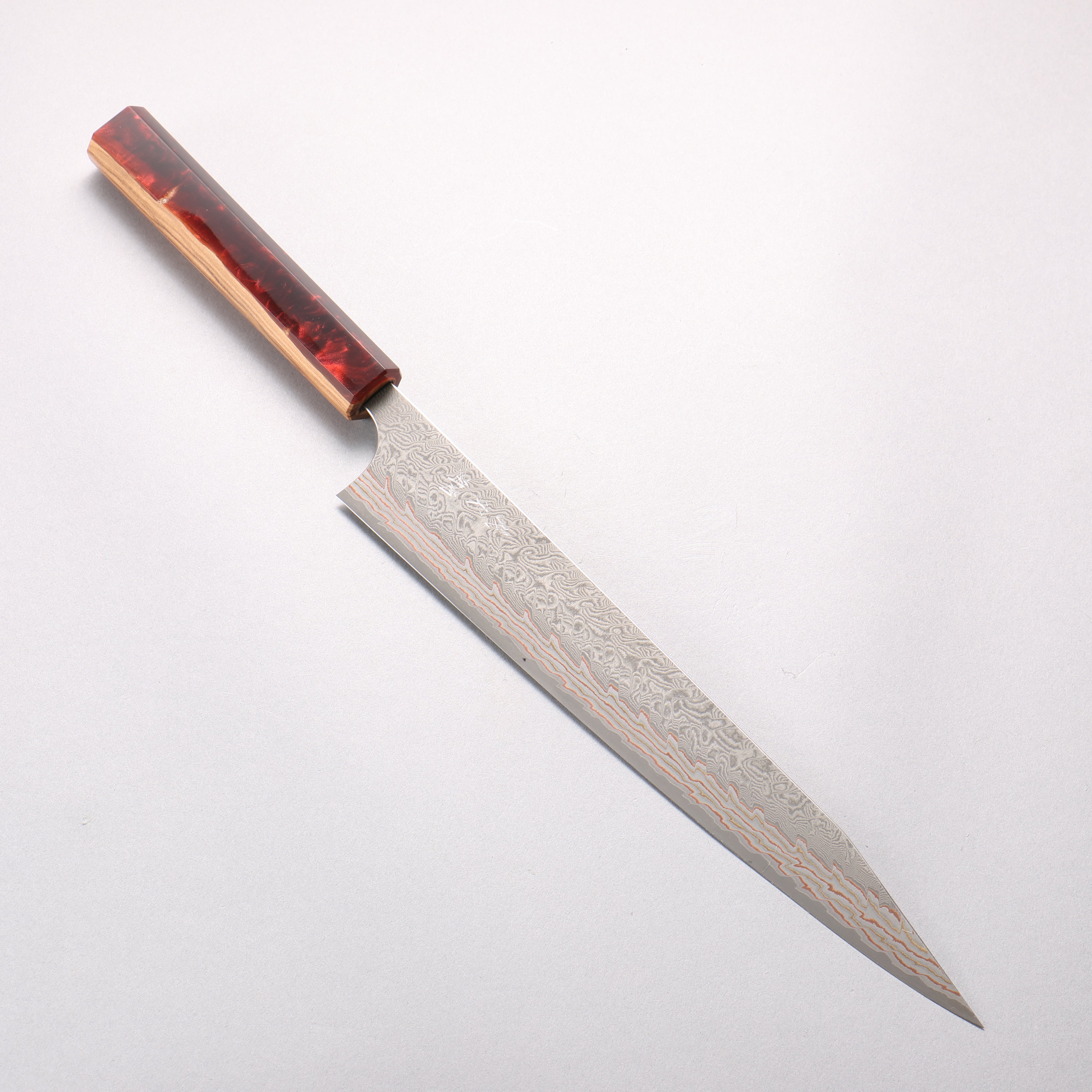 Yoshimi Kato VG10w Colored Damascus Kiritsuke Sujihiki 270mm Olive Tree and Red Resin Handle - Seisuke Knife