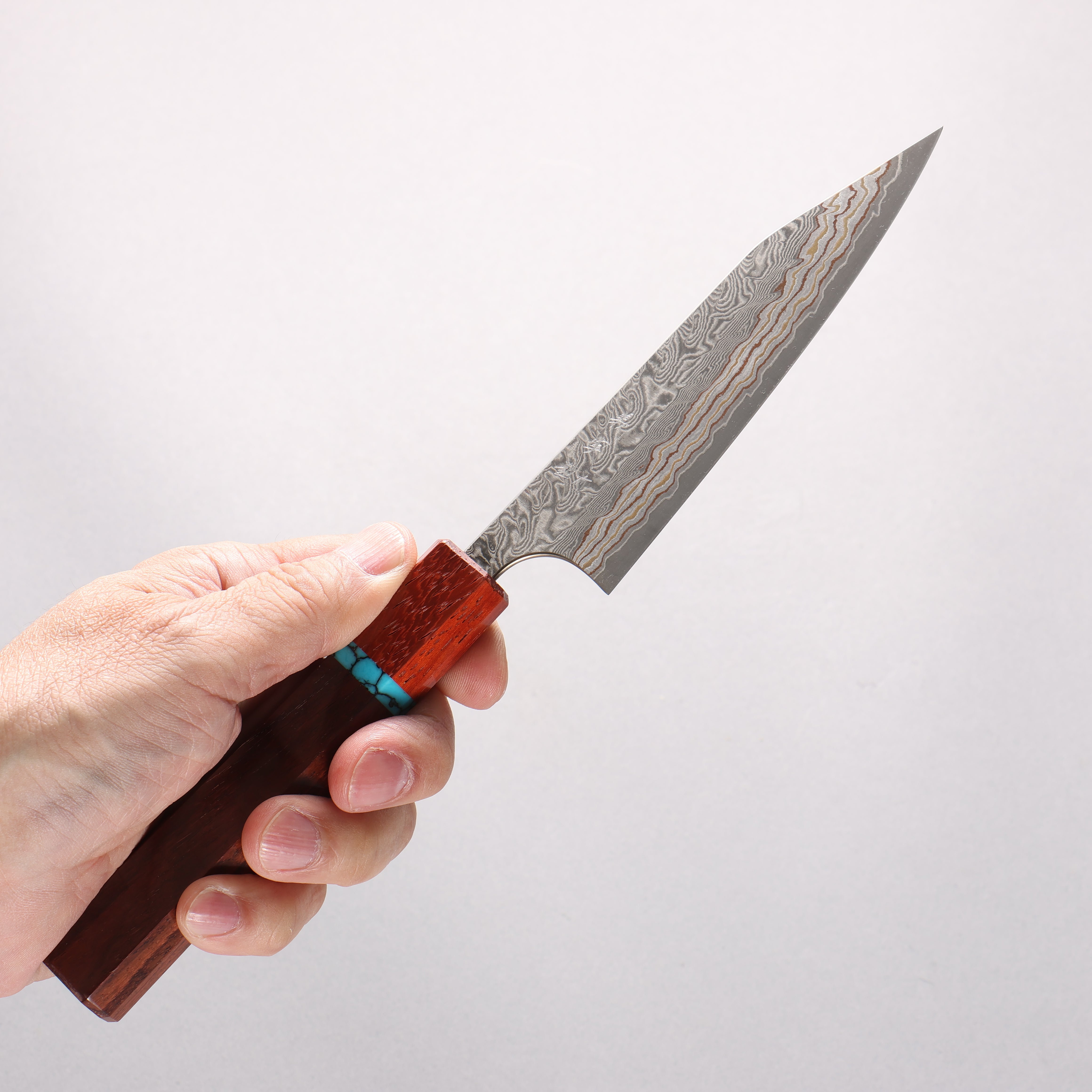 Yoshimi Kato VG10w Colored Damascus Kiritsuke Petty-Utility 120mm Rosewood & Turquoise Handle - Seisuke Knife