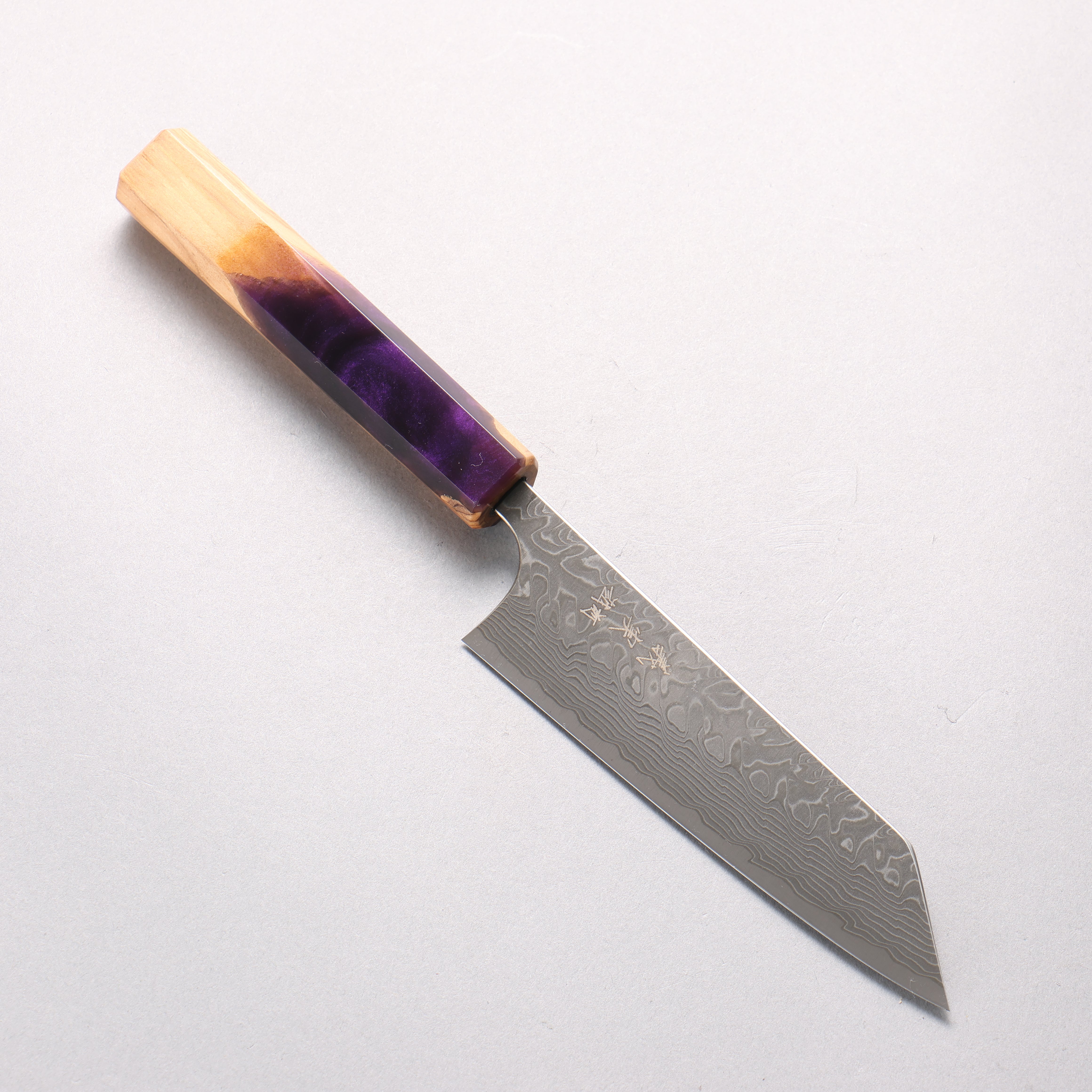Yoshimi Kato SG2 Black Damascus Small Bunka 130mm Olive Tree and Purple Resin Handle - Seisuke Knife