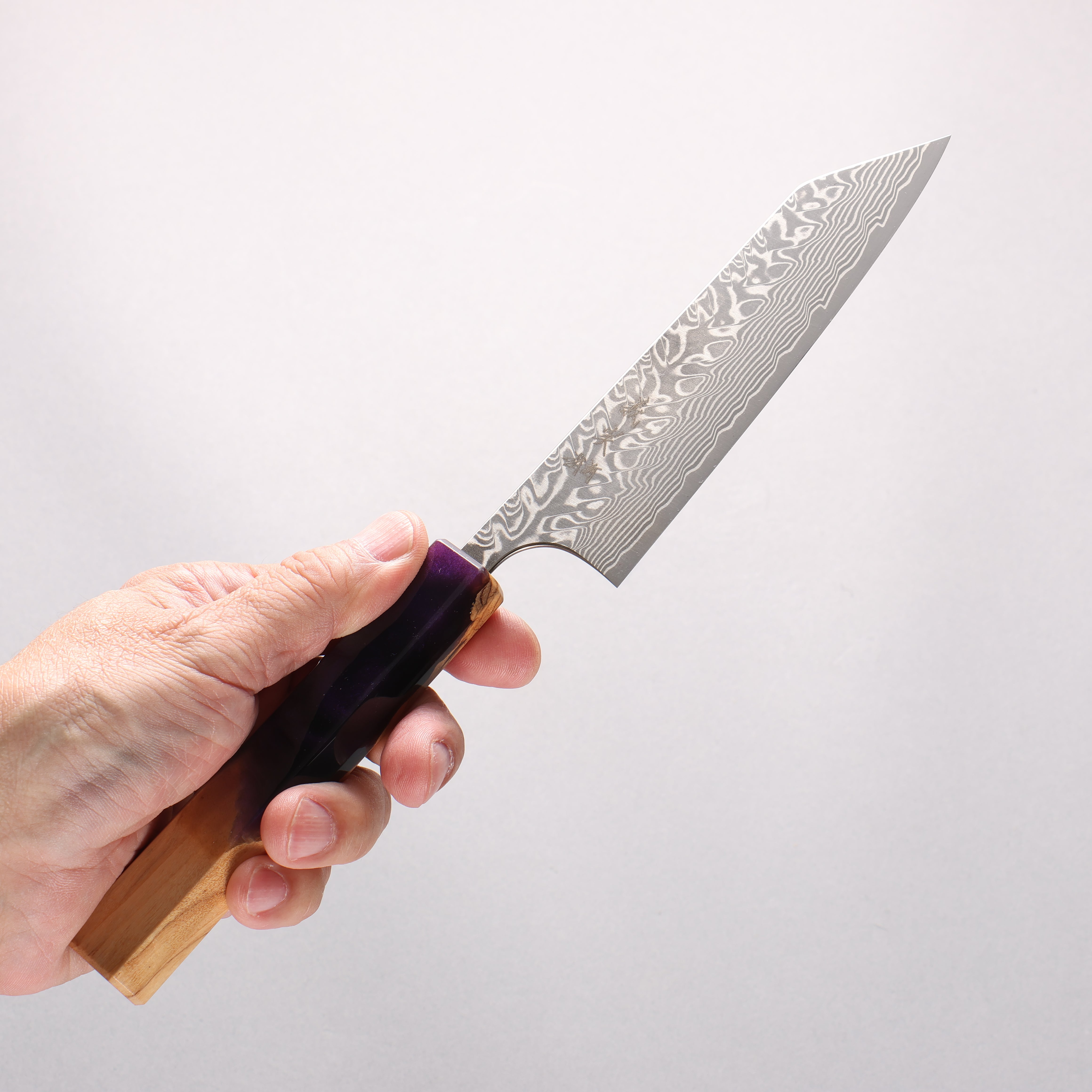 Yoshimi Kato SG2 Black Damascus Small Bunka 130mm Olive Tree and Purple Resin Handle - Seisuke Knife