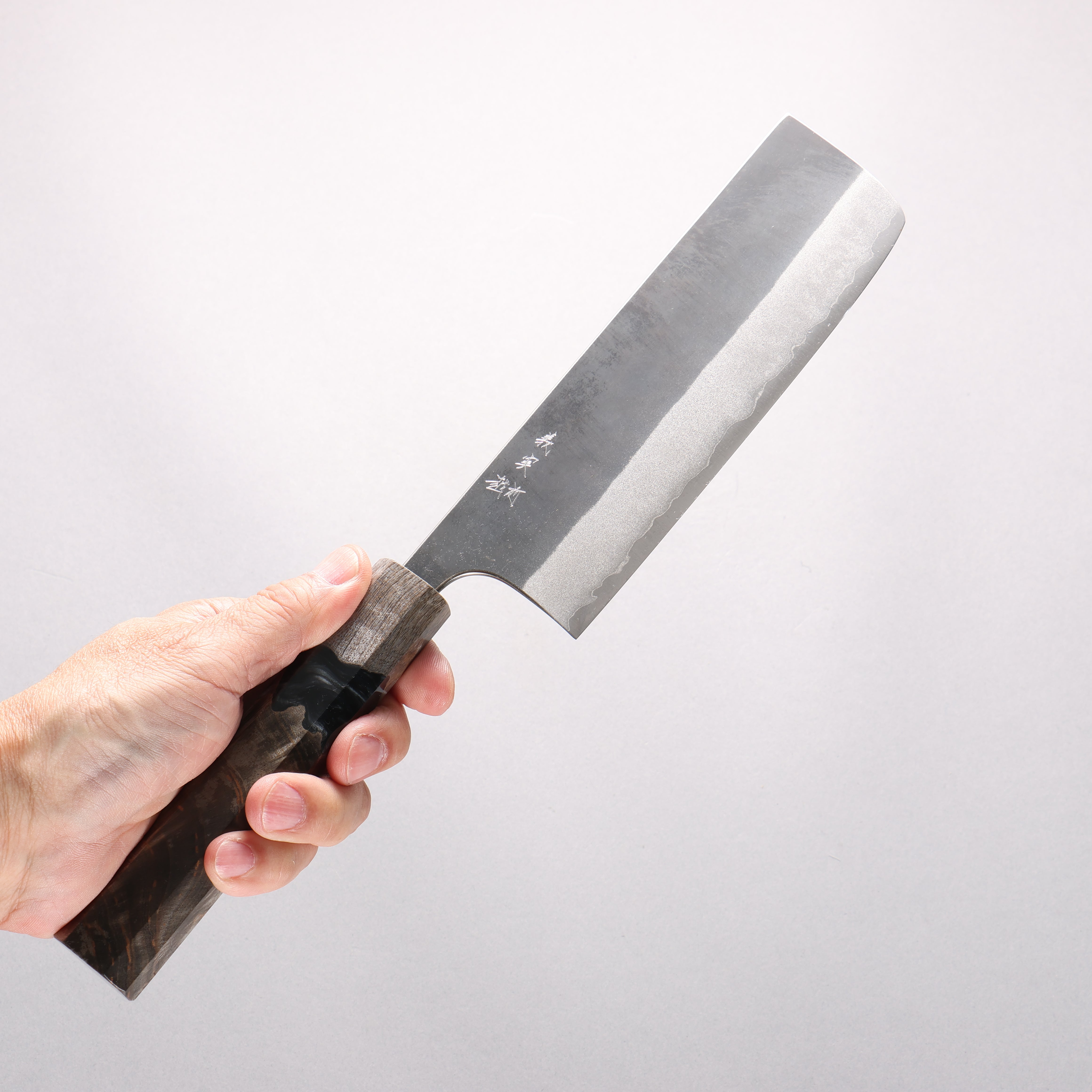 Yoshimi Kato Blue Super Black Finished Nakiri 165mm Stabilized Birch & Black Resin Handle - Seisuke Knife